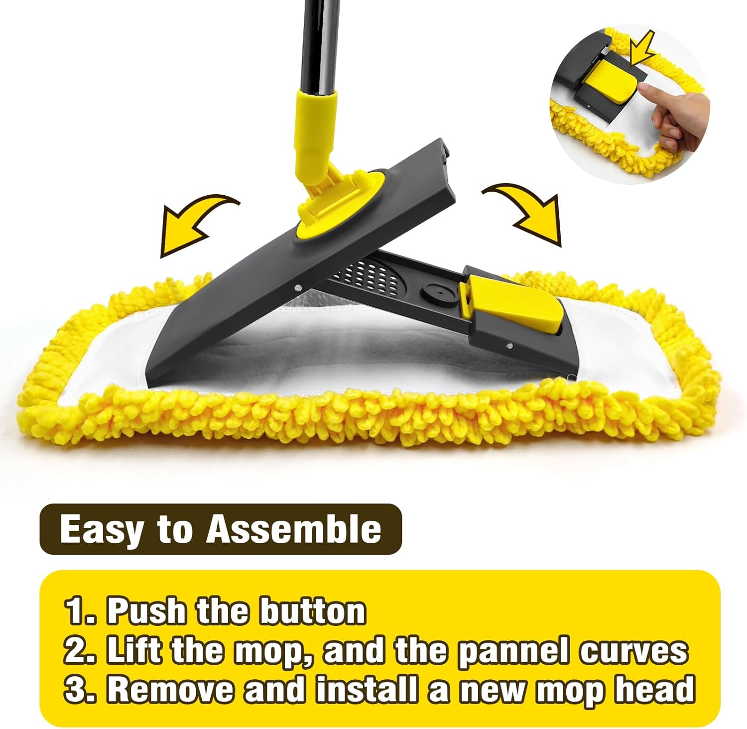 JEHONN Flat Mop for Floor Cleaning, Dry Wet Dust Mops with Microfiber & Chenille Pads for Hard Wood Laminate Tile Vinyl Kitchen Bathroom Home (Yellow) image number 3