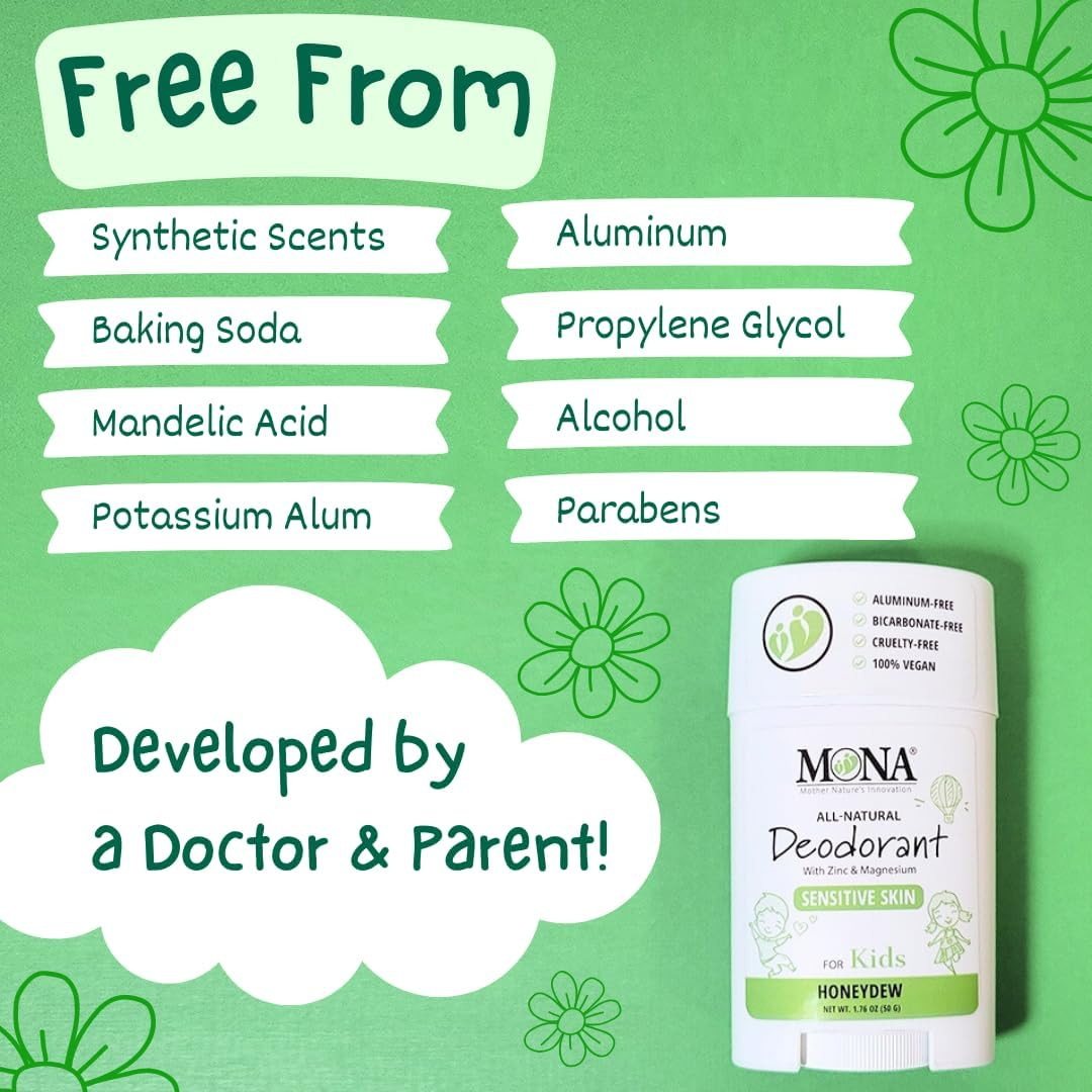 MONA BRANDS All Natural Deodorant for Kids for Girls & Boys Sensitive Skin No Baking Soda No Aluminium Vegan, Non-Gmo, Gluten & Cruelty Free 1 Unit Honeydew, Full Size (50Ml) image number 5