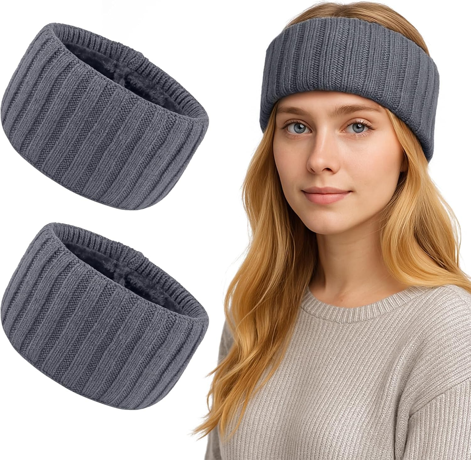 TOPTIE 2 Pcs Ear Muffs Headbands for Winter Women, White Knit Thick Ear Warmers Fleece Headband Lined Furry Cable Head Wrap