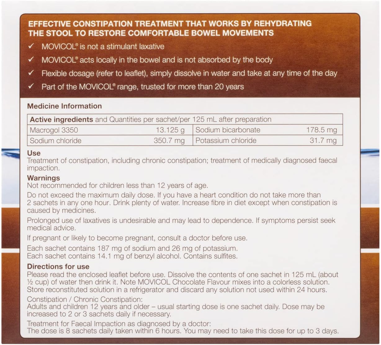 Movicol Constipation Relief Powder Sachets, Adult, Chocolate