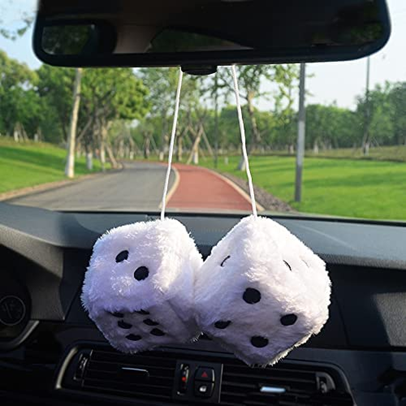 Pair 3&rdquo; Purple with White Dots Mirror Fuzzy Plush Dice, Purple and White Soft Plush Car Decorative Hanging Ornament. image number 6