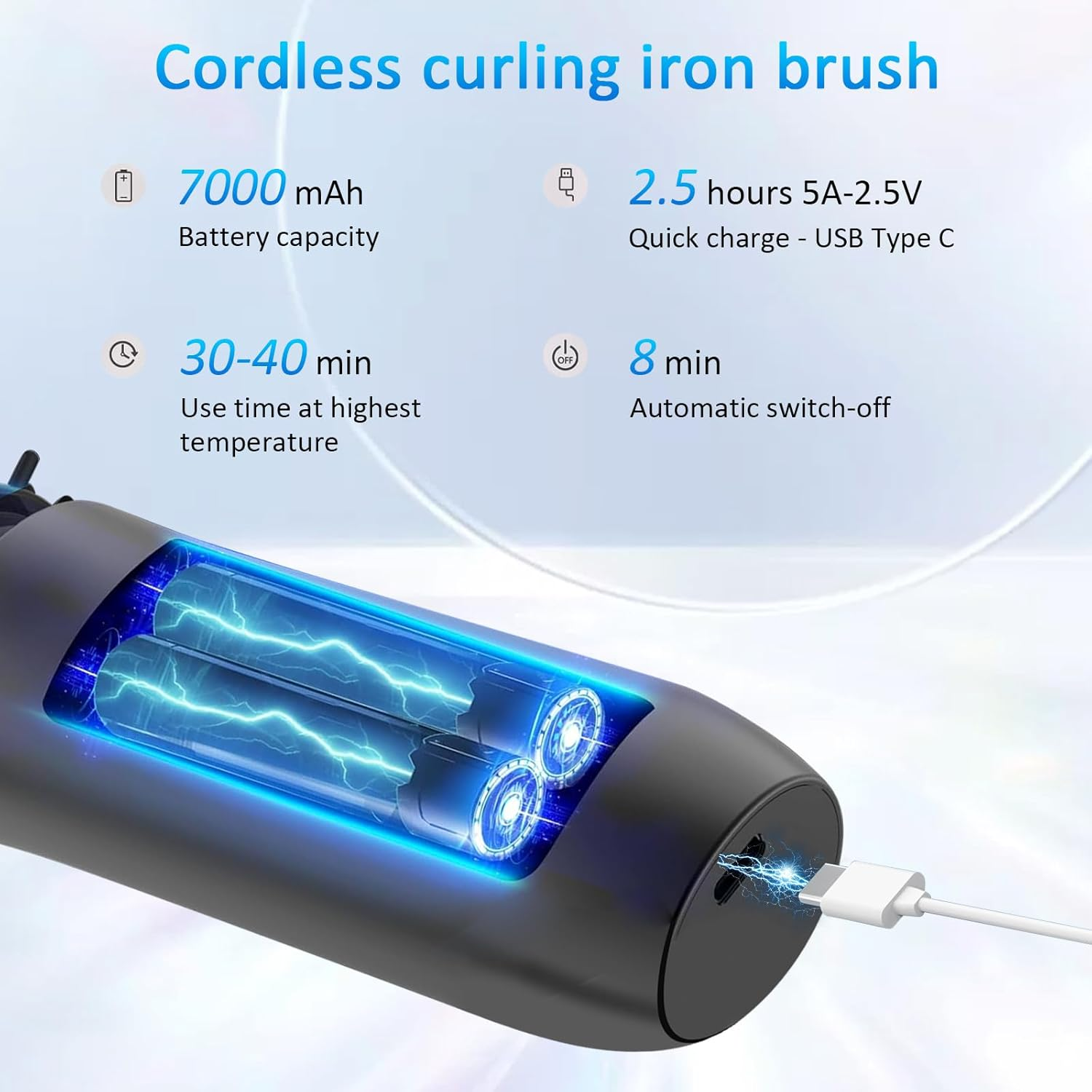Wireless Curling Iron Hot Air Brush, round Hairdryer, Thermal Hair Dryer Brush, Portable Travel Mini, 7000 Mah USB Rechargeable with Negative image number 3
