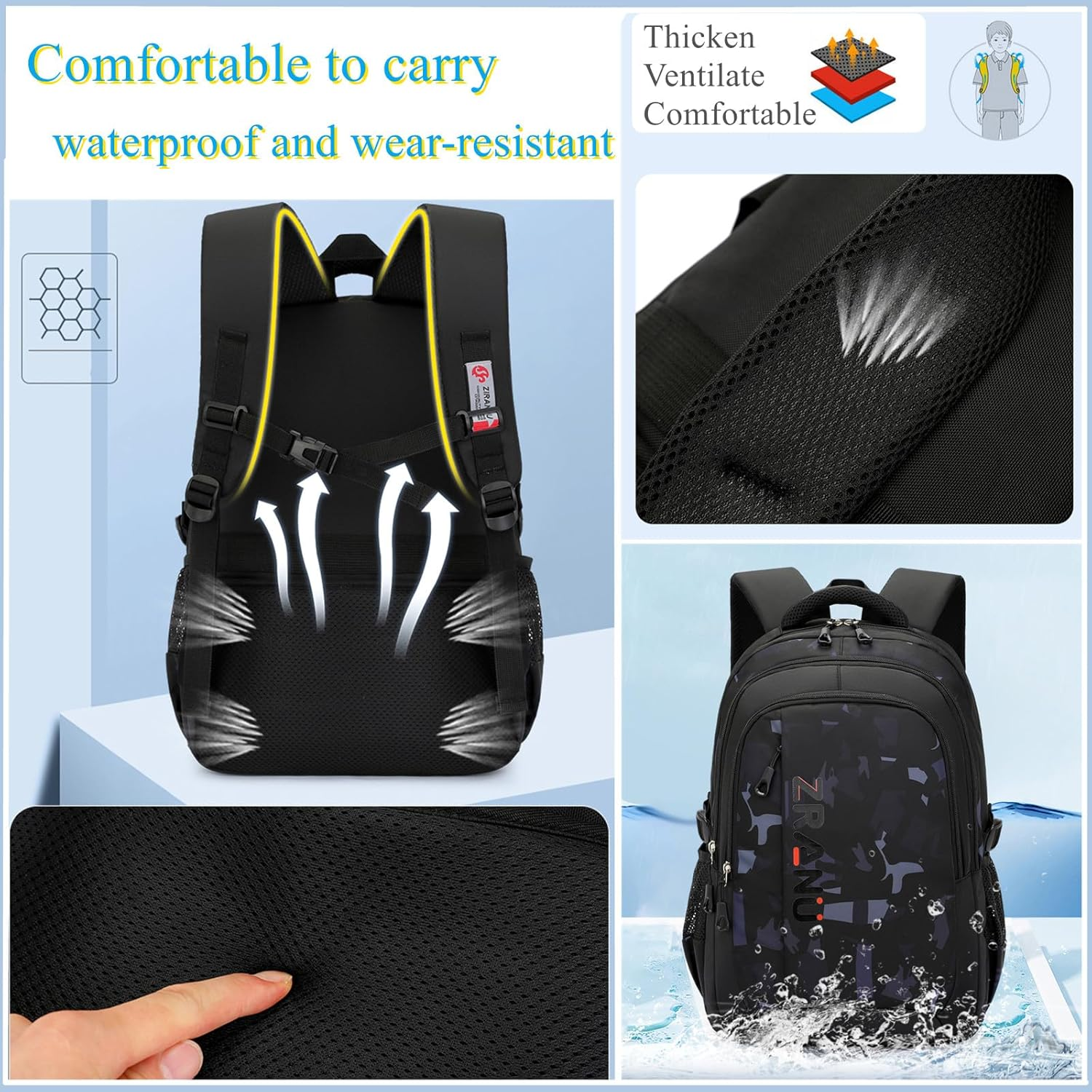 EKUIZAI Camouflage or Geometric Print Boys Backpack Kids Schoolbag Black Cool Backpack for Teen Boys