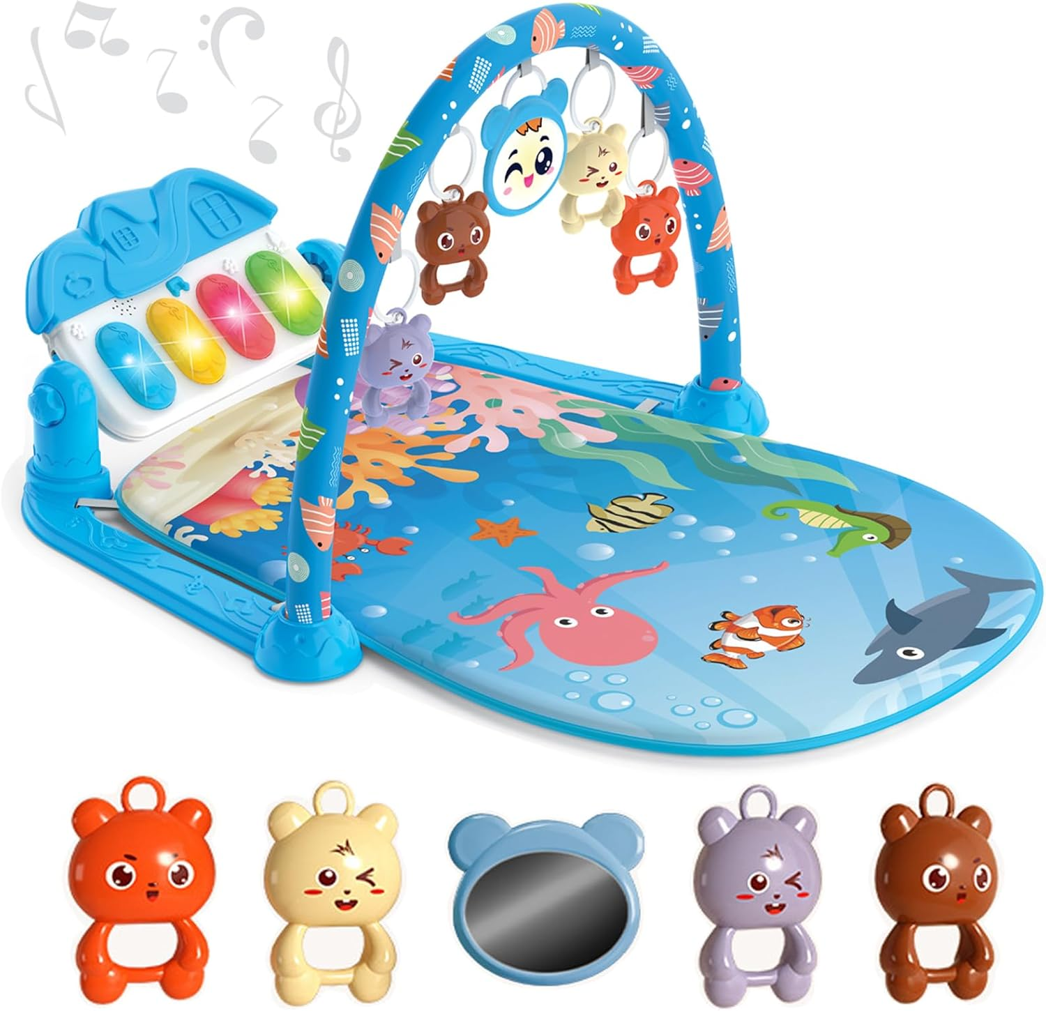 Baby Gyms Play Mats, Funny Play Piano Tummy Time Baby Activity Mat with 5 Infant Sensory Baby Toys Baby Play Piano Gym Mat with Music and Light for Babies Newborns and Toddlers (Blue) image number 5