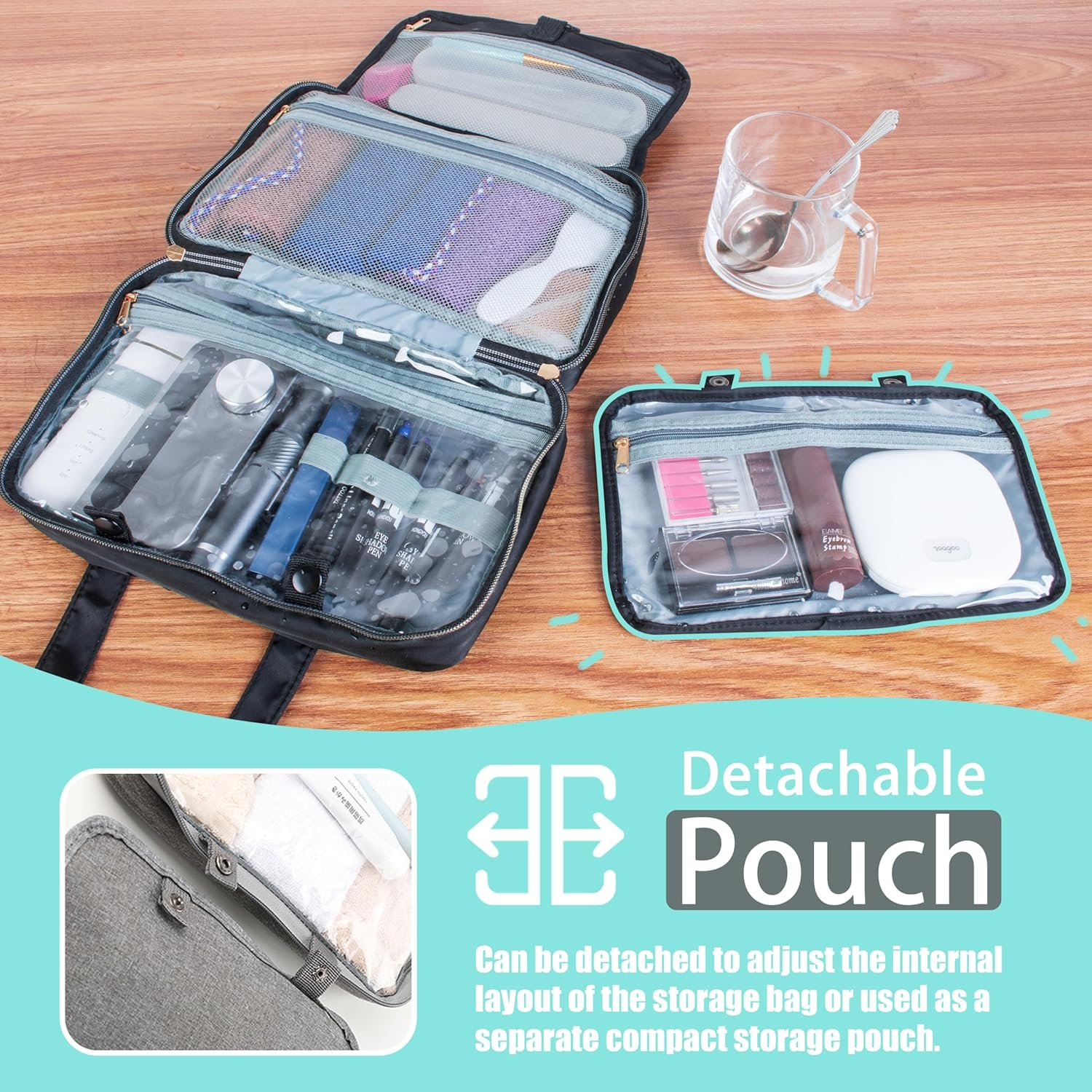 Pinkiou Travel Cosmetic Bag, Hanging Toiletry Bag with Sturdy Hook, Wall Hanging, Waterproof Toiletry Bag with Large Capacity for Women, Men, Travel Utensils, Storage Bag, Black image number 4