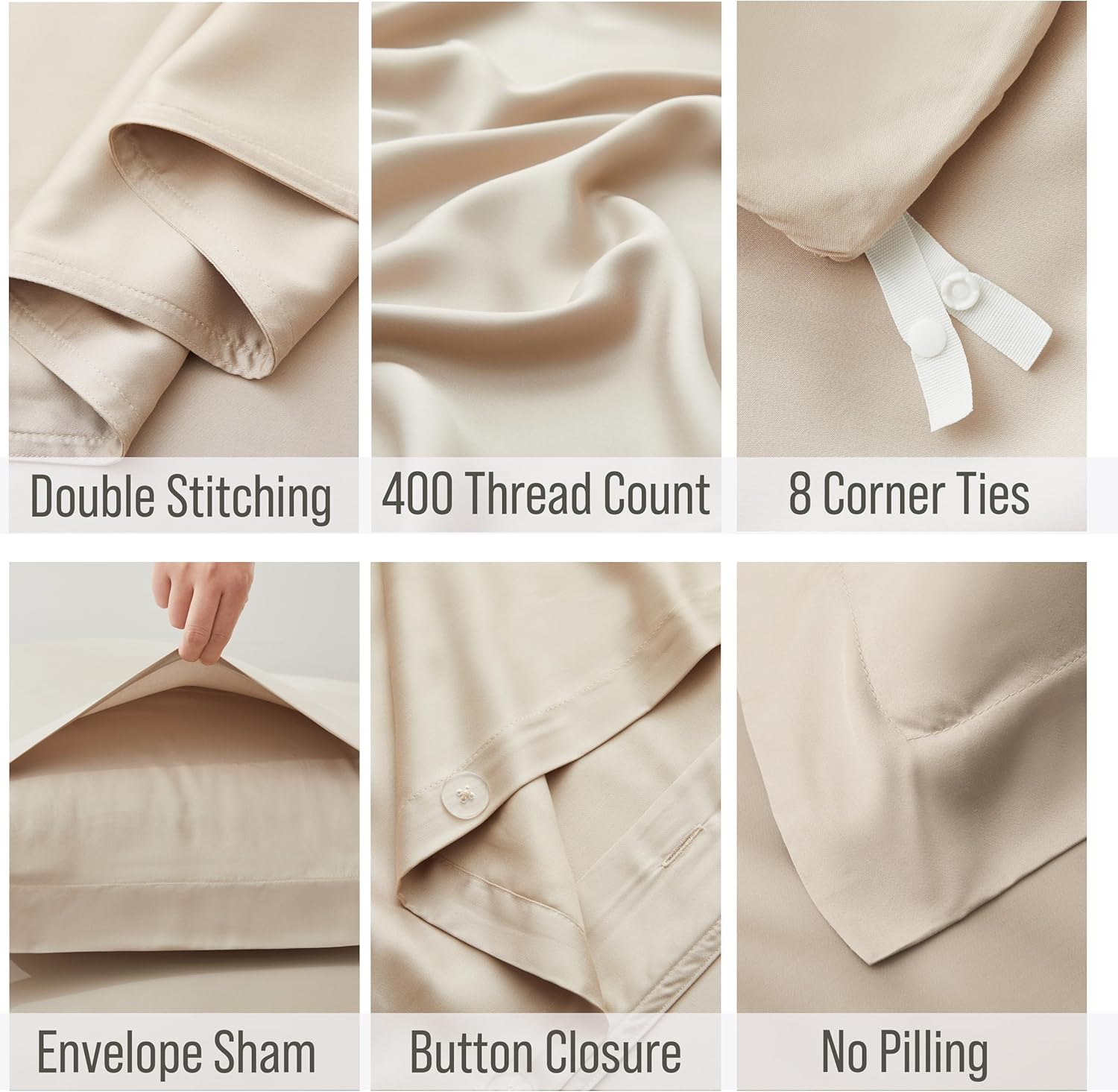 Bella Coterie Luxury Bamboo Queen Size Duvet Cover Set | Organically Grown | Ultra Soft | Cooling | Two Luxury Pillow Shams | Viscose Bedding Made from Bamboo | No Insert [Dune] image number 4