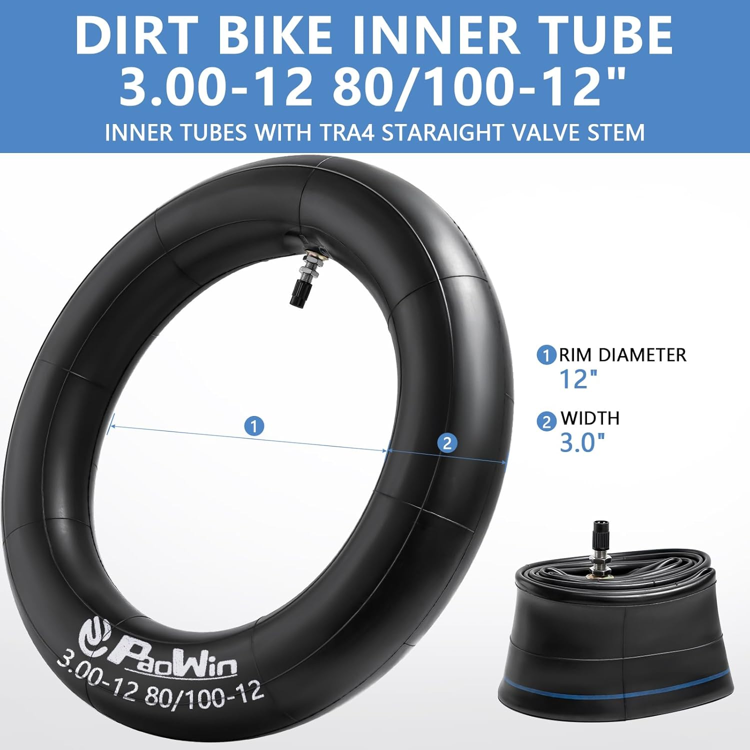 Paowin 2Pcs 3.00-12 Tube,80/100-12 Tube,Tr4 Valve,3.00-12 Heavy Duty Motorcycle Inner Tubes Compatible with 3.00-12 80/100-12 Dirt Pit Bike/Motorcycle/Mini Motorbike Front Rear Tire,Pn-007 image number 1