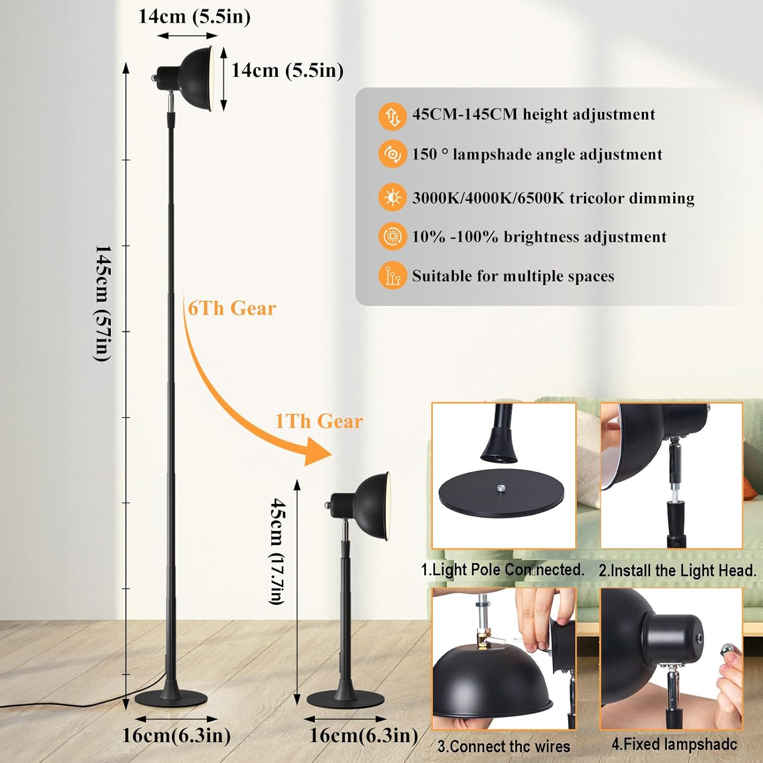 Cordless LED Metal Table Lamp, 2-In-1 Led Floor Lamp & Desk Lamp, Standing Lamp with Adjustable Reading Lights, USB Rechargeable Tall Lamps Bedside Lamp with 3 Color Modes & Stepless Dimmable image number 6