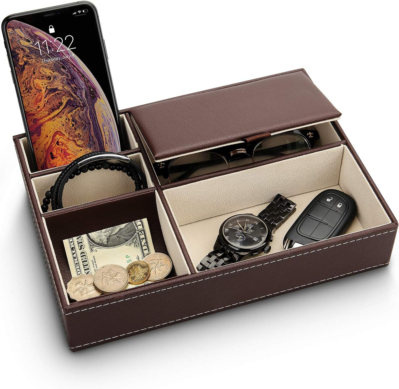 BAOYUN Valet Tray - Leather Mens Night Stand Organizer with 5 Compartment for Wallet, Phone, Sunglasses, Coins, Keys, Jewelry