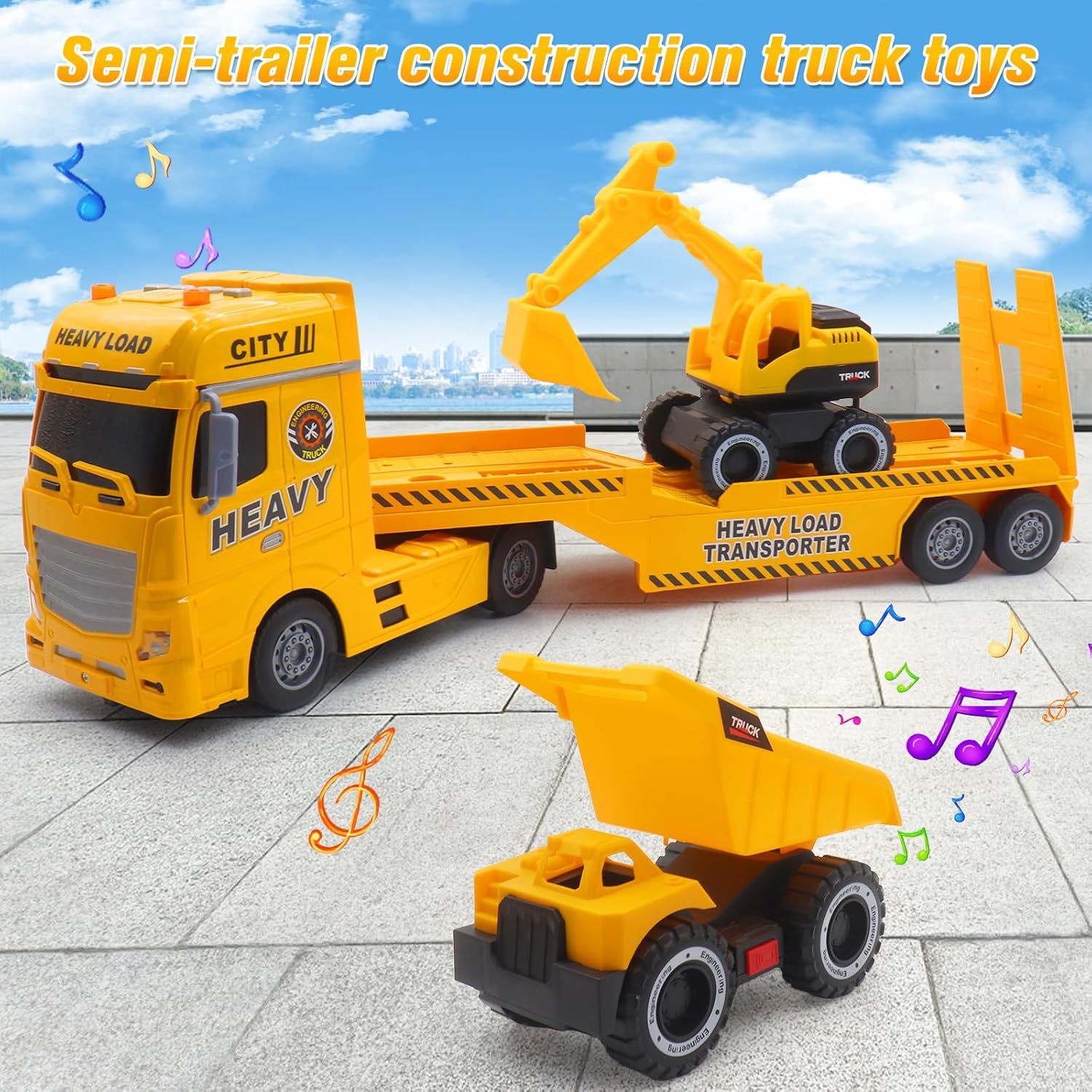 Yiwsnust Large Flatbed Semi Truck Toy for Kids, 25.6'' Construction Carrier Semi Truck with Excavator and Dump Trucks, Friction Powered Flatbed Semi Truck Kids Toy with Light & Sound image number 2