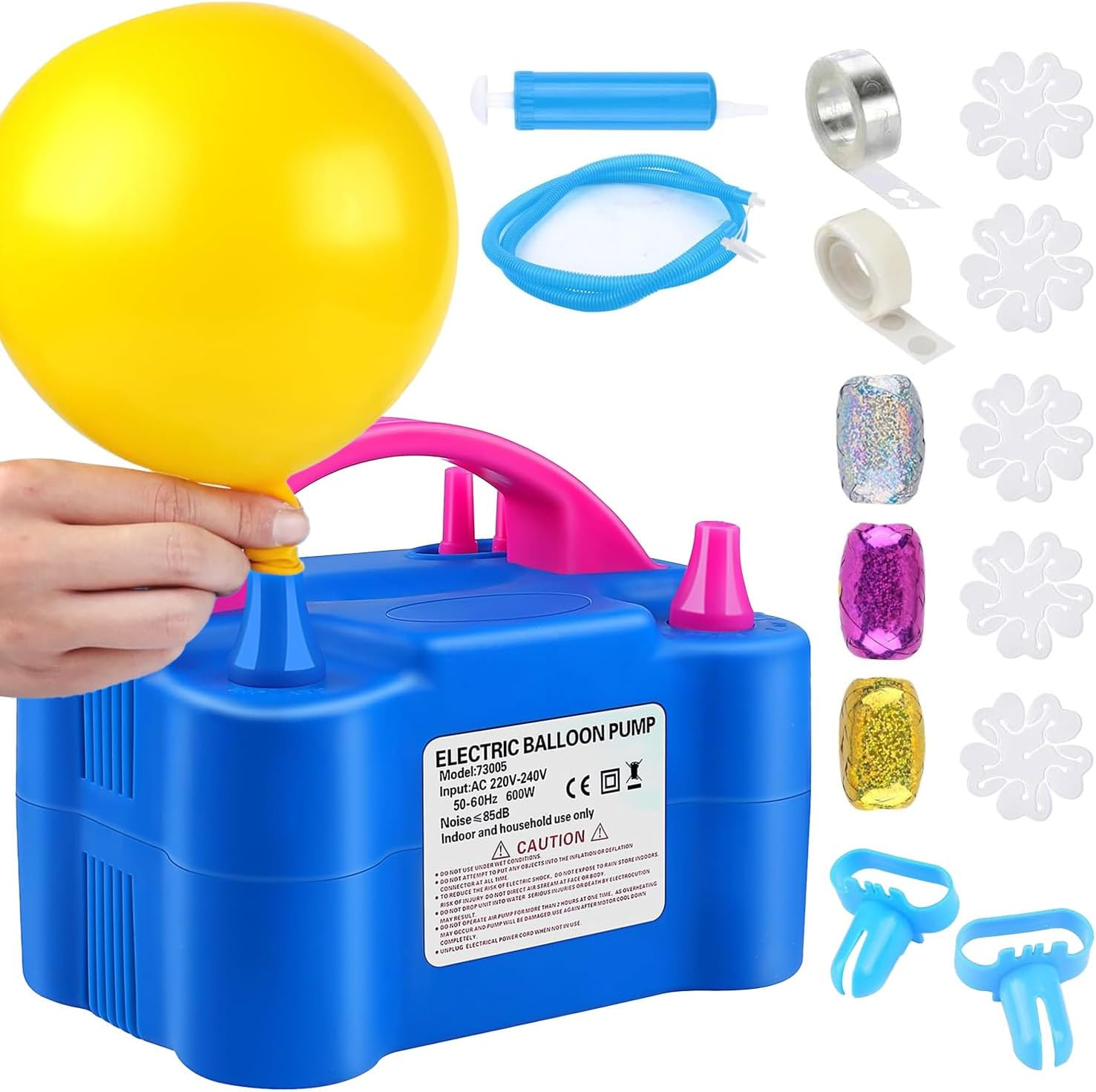 NOAEOU Electric Balloon Pump, Dual Nozzle 220V-240V 600W Balloon Inflator Portable Air Pump Balloon Blower with Tying Tool for Party Decorations image number 1