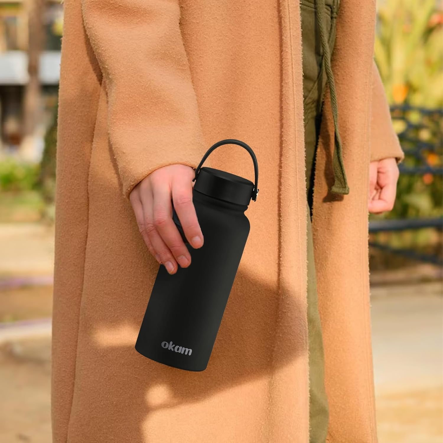 OKAM 950Ml Insulated Water Bottle - Stainless Steel Double Wall Waterbottle, Black, Vacuum Insulated, Bpa-Free, Leak-Proof Lid, Hot/Cold 12Hrs, Wide Mouth -Gym, Outdoor, Office Drink Bottles Insulated