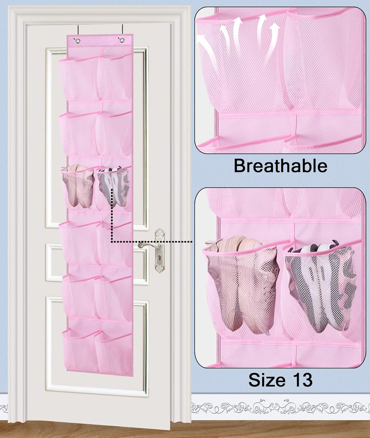 MISSLO Kids over the Door Shoe Organizer Baby Hanging Shoe Rack Narrow Closet Storage Bags with 12 Mesh Pockets for Girl Women Men Toddler Nursery, 2 Packs, Pink image number 2