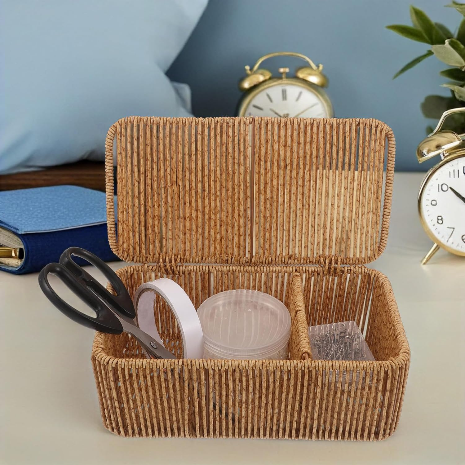 PAMINGONO Small Rectangular Rattan Storage Basket with Lid, Woven Desktop Organizer Box with 2 Dividers, Dustproof Makeup and Cosmetic Storage for Bedroom and Bathroom Shelves image number 6