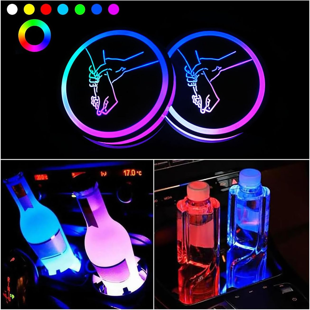 2 PCS LED Cup Holder Lights for Car,7 Colors Changing USB Charging Cup Holder Insert Coasters,Led Car Coasters,Luminescent Cup Pad Interior Atmosphere Lamp Decoration Light image number 3