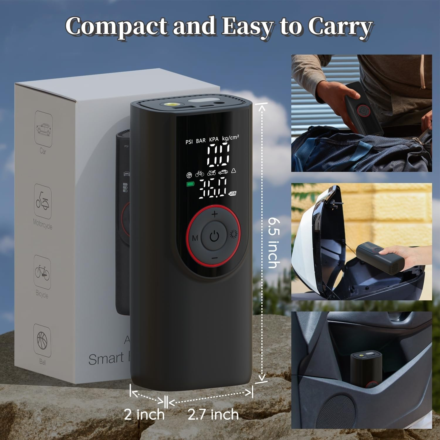 Tyre Inflator Portable Air Compressor, 150PSI 6000Mah Electric Cordless Air Pump with Pressure LCD Digital Pressure Gauge & LED Light, Auto Tyre Pump for Car, Motorcycle, Bike, Ball image number 1