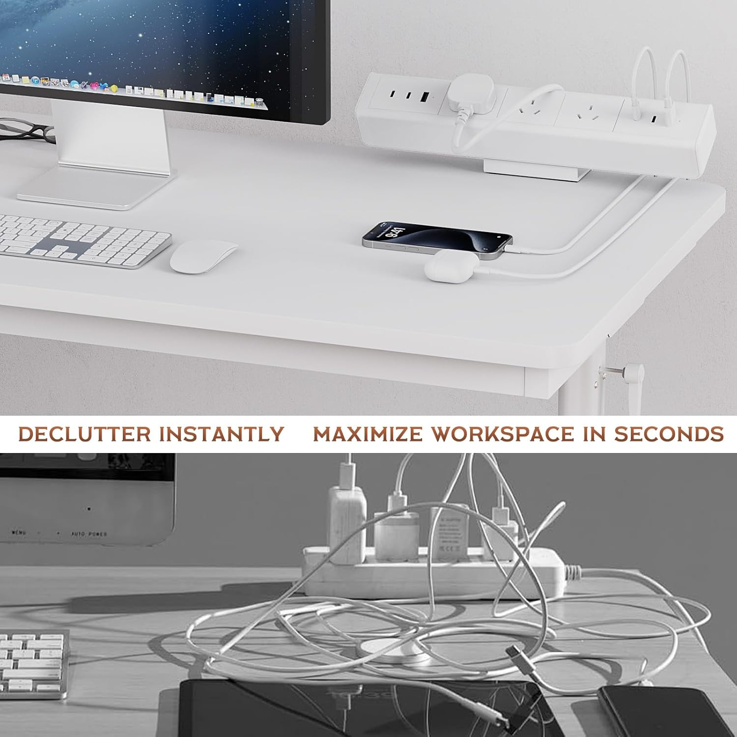Desk Power Board with USB, Haiaoyyds Aluminium Alloy Clamp Powerboard - 3 Outlets, 6 USB Ports, 1.8M Cable, Desktop Mounted Power Strip for Home, Office, Workspace (White)