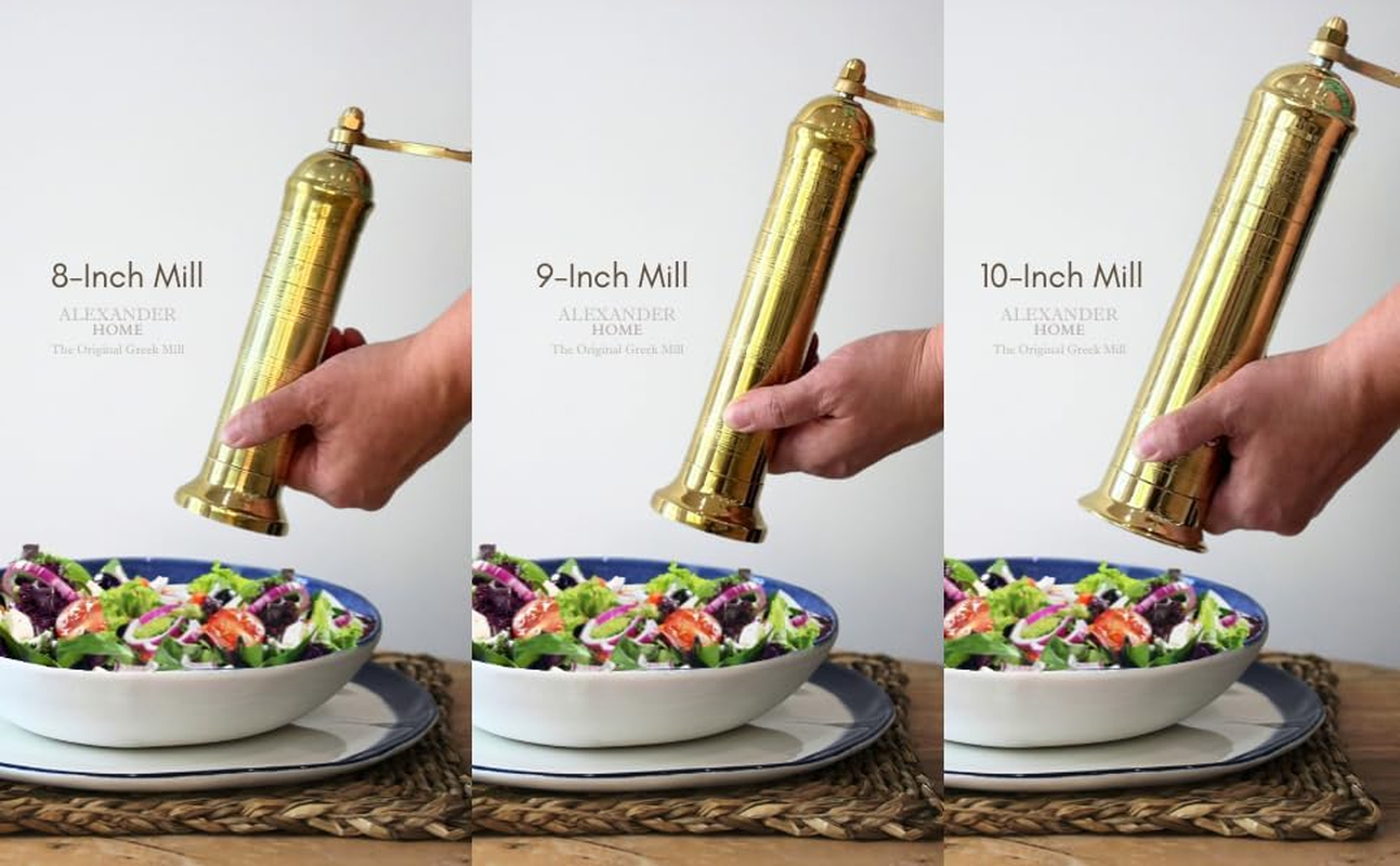 Alexander Home the Original Greek Salt Mill 9 Inch Tall | European Salt Mill Grinder with Crank Handle | Manual Salt Grinder | Salt Refillable - Brass image number 3