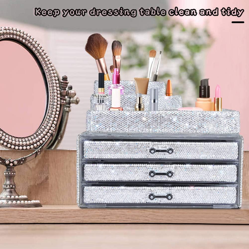 Makeup Organizers Drawer,Jewelry Cosmetic Storage Display Boxes, Makeup Brush Holder, Cosmetic Holder,Bling Diamond Countertop Jewelry Case,2 Pieces Set (Purely Handmade)(White)&hellip; image number 5