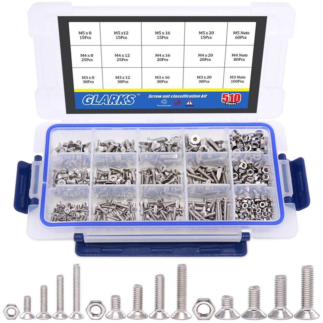 Glarks 510Pcs Metric M3 M4 M5 Stainless Steel Flat Head Cap Bolts Screws Nuts Assortment Kit image number 4