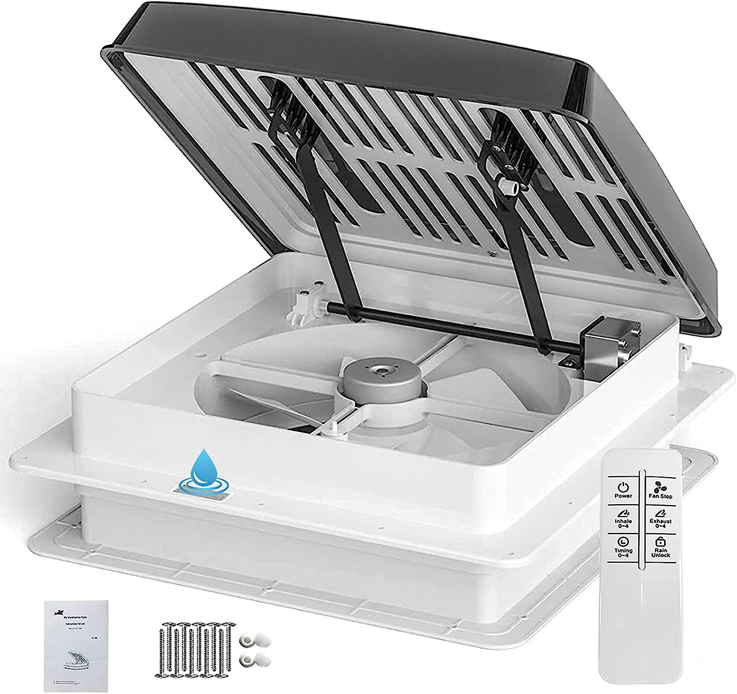 Vent RV Roof Vent with Rain Sensor, Automatic Level Permanent RV Air Ventilation Fan Speeds 12 Volt Remote Deluxe RV Vent Fan, with Dome Smoke RV Vent Cover Lid (14" X 14") image number 1