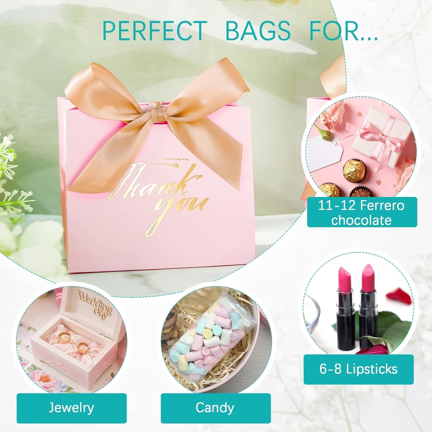 25 Pcs Small Thank You Gift Bags with Gold Bow Ribbon - Pink Patterned Paper Party Favor Treat Boxes (Pink) image number 2