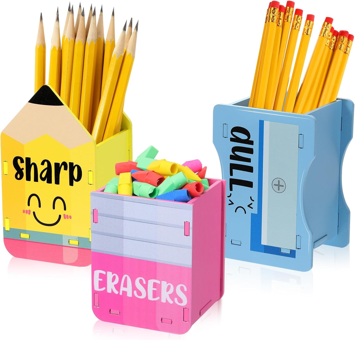 Amazingspark 3 Pcs Pencil Shaped Holder Sharp and Eraser and Dull Holder Wooden Dispenser Pencil Storage Organizer for Back to School Management Organization(Cute) image number 2