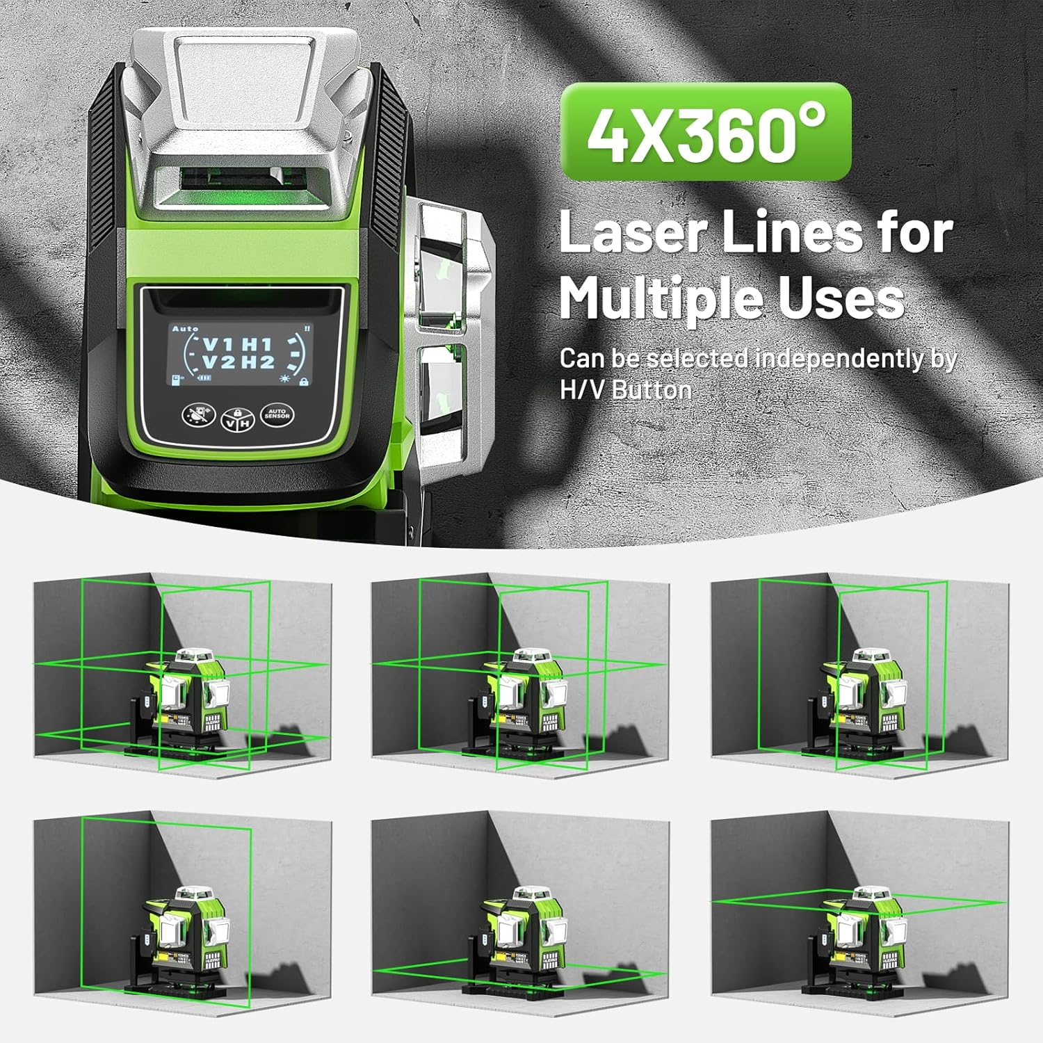 Huepar 4 X 360 Laser Level with LCD Display, Self-Leveling 16 Green Cross Line Professional Levels Laser with Pulse Mode, Rechargeable Lithium and Alkaline Batteries, IP54, 4 Laser Modes image number 6