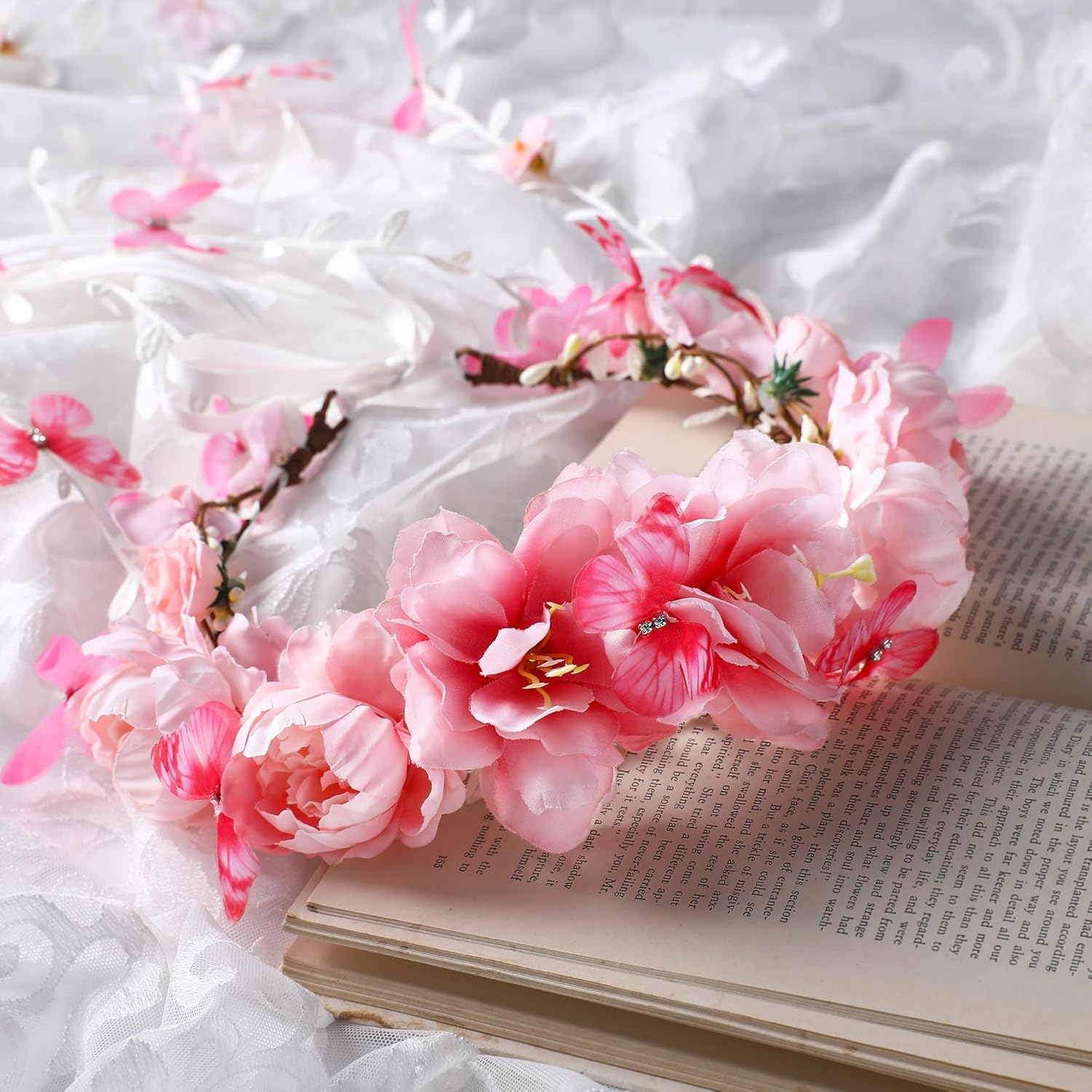 Partyforu Pink Flower Crown Headband for Women Floral Fairy Headpiece Bohemian Vine Flower Headband with Butterfly for Wedding Bridal Shower Party Renaissance image number 1