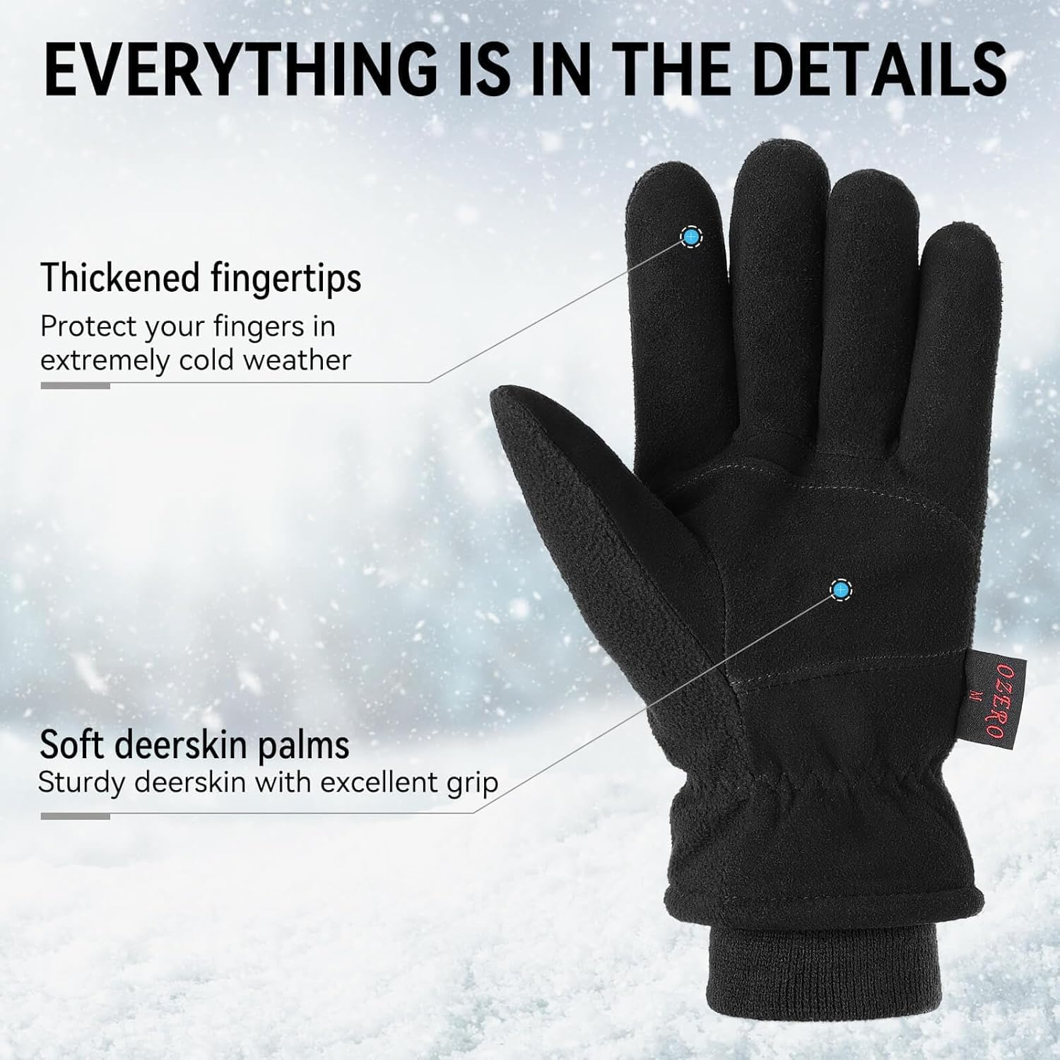 OZERO Deerskin Leather Winter Gloves for Men & Women: Water-Resistant, Windproof Cold Weather Gloves for Driving & Hiking, Warm to -34&deg;C (Black) image number 4