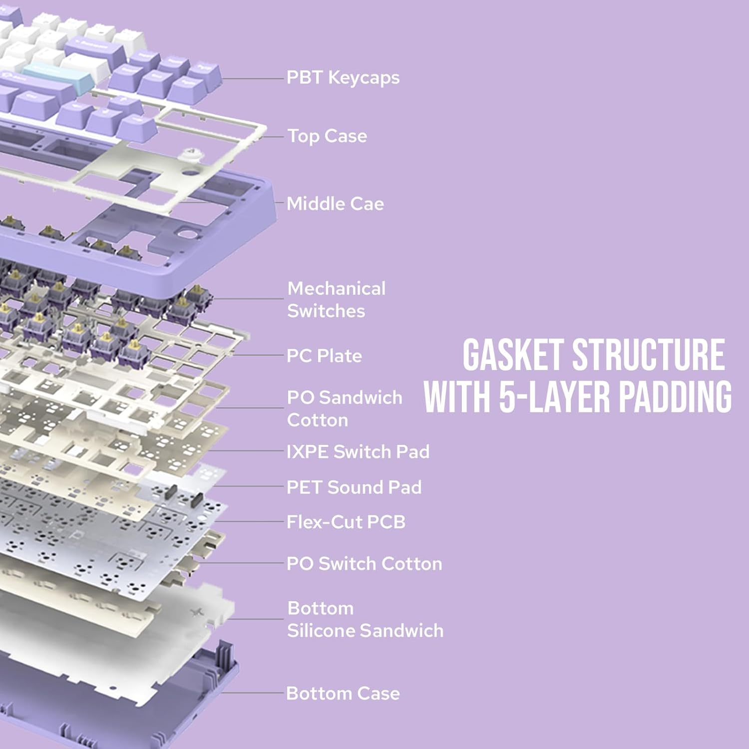 Mechlands Ajazz AK870 Gasket-Mounted Wireless Gaming Keyboard, 87 Keys Compact TKL Bt5.0/2.4Ghz/Usb-C Mechanical Keyboard, with 5-Layer Padding, Flex-Cut PCB for Win/Mac (Purple, Flying Fish Switch) image number 5