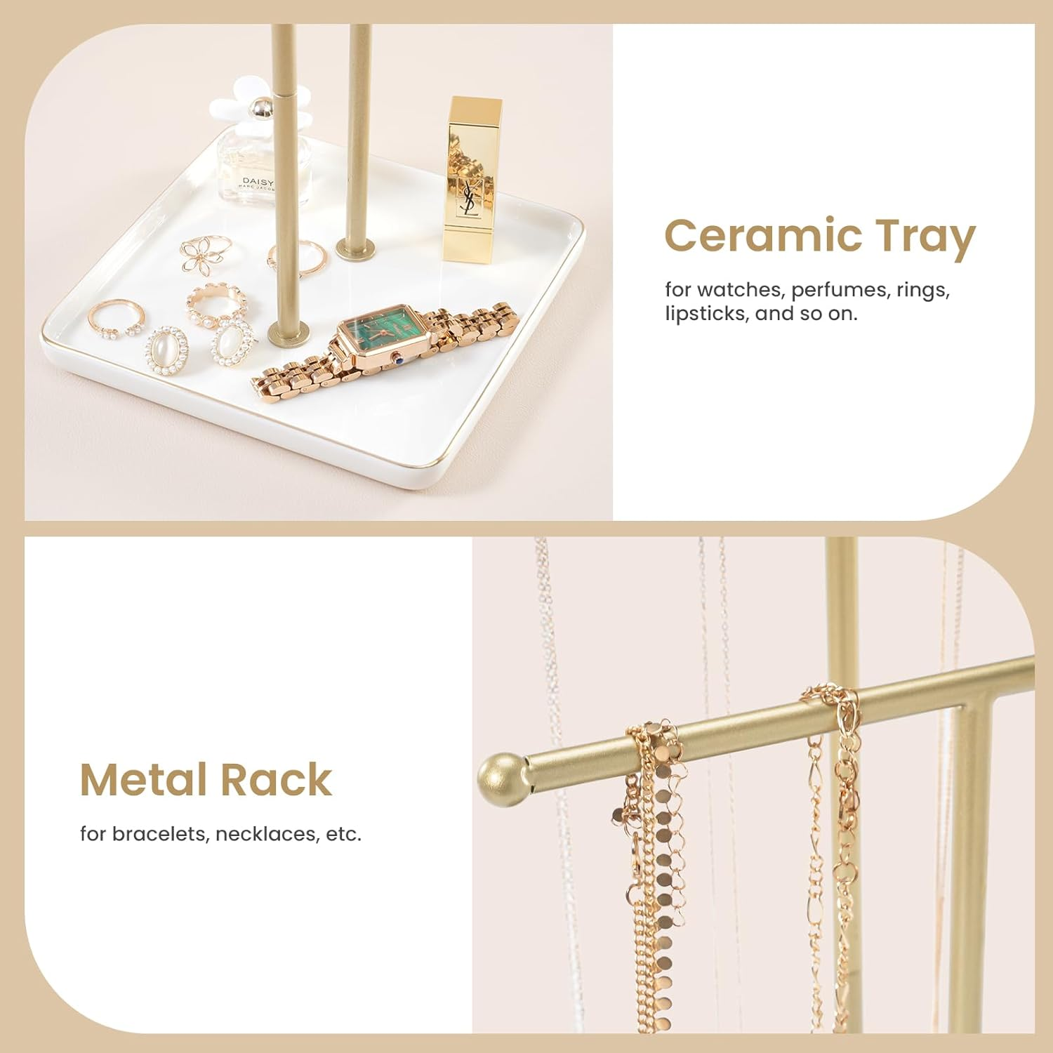 Lolalet Necklace Holder, Jewelry Display Stand with Ceramic Base Tray Jewelry Organizer Tree for Necklaces Bracelets Earrings Rings -White, 2 Tiers