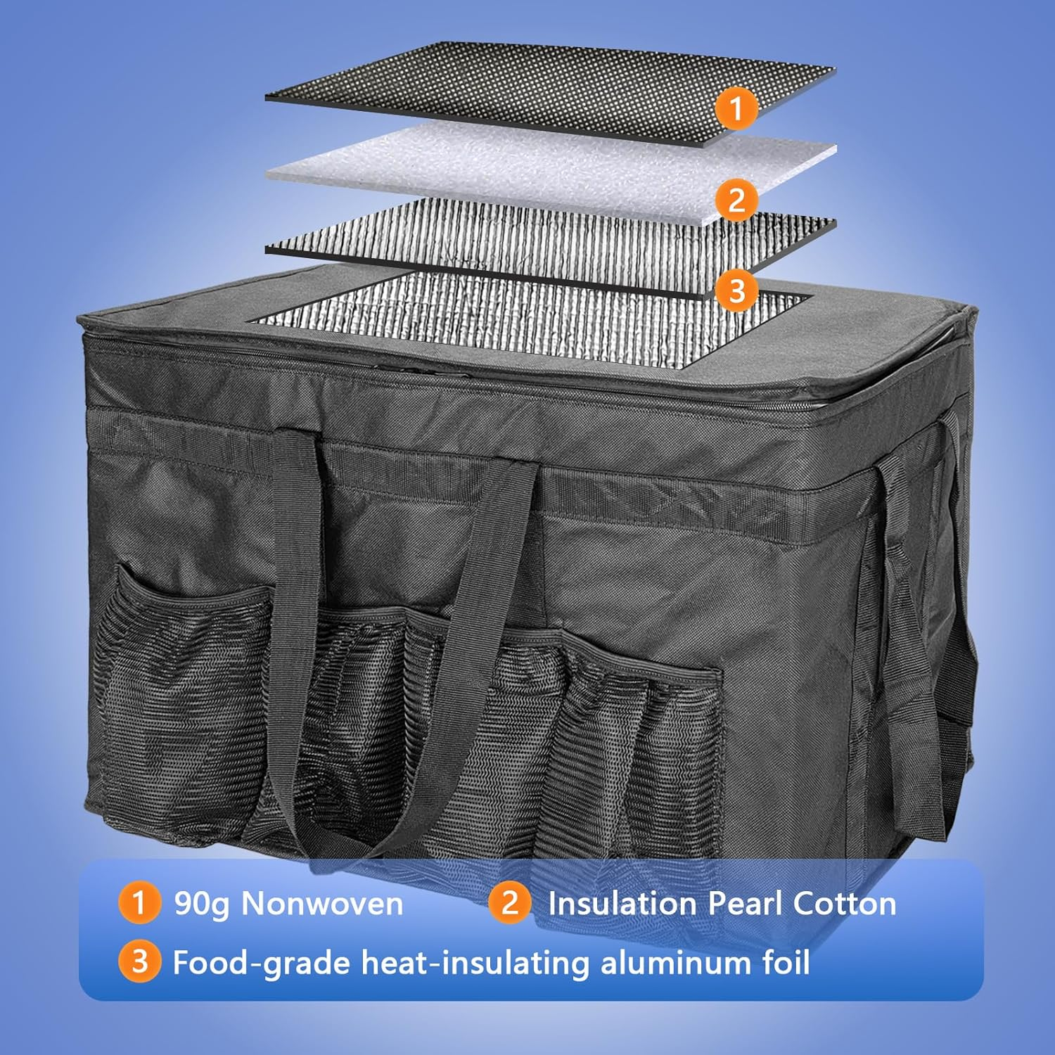 XXXL Insulated Cooler Bag Reusable Grocery Shopping Bag with Zipper Closure,Keep Food Hot or Cold,Ideal for Catering,Instacart,Grocery Transport,Black Color,23"W X 15"H X 14"D (With Cup Holder) image number 2