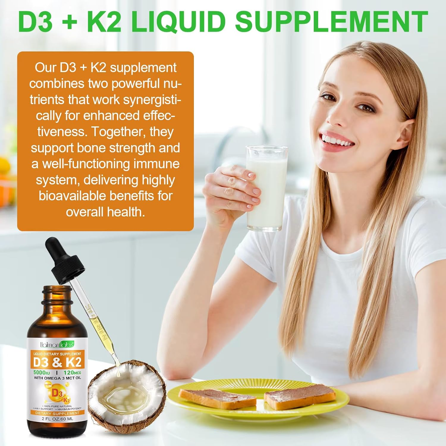 Vitamin D3 K2 Liquid Supplement 60Ml | 2-In-1 Supplement | Vitamin D3 5000 IU with K2 (MK-7) 120 Mcg | Vitamin D & K Supplement for Bone and Calcium Support | Fast Absorption image number 2