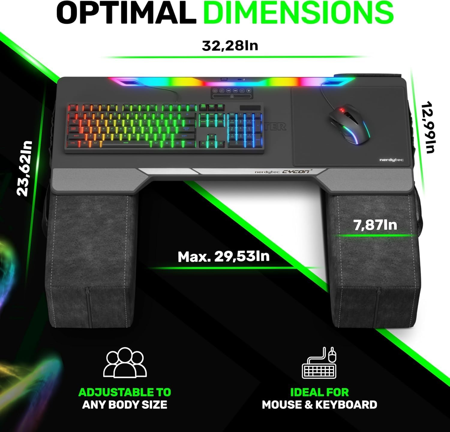 Couchmaster CYCON&sup3; HORIZONLIGHT Bar, Ultimate Ergonomic Usb-Hub Gaming Lap Desk for Couch and Bed, Large, Stable and Compatible with All Keyboards and Mouse/Mice, Lapdesk for Laptop, PC, PS4/5, Xbox - Grey image number 3