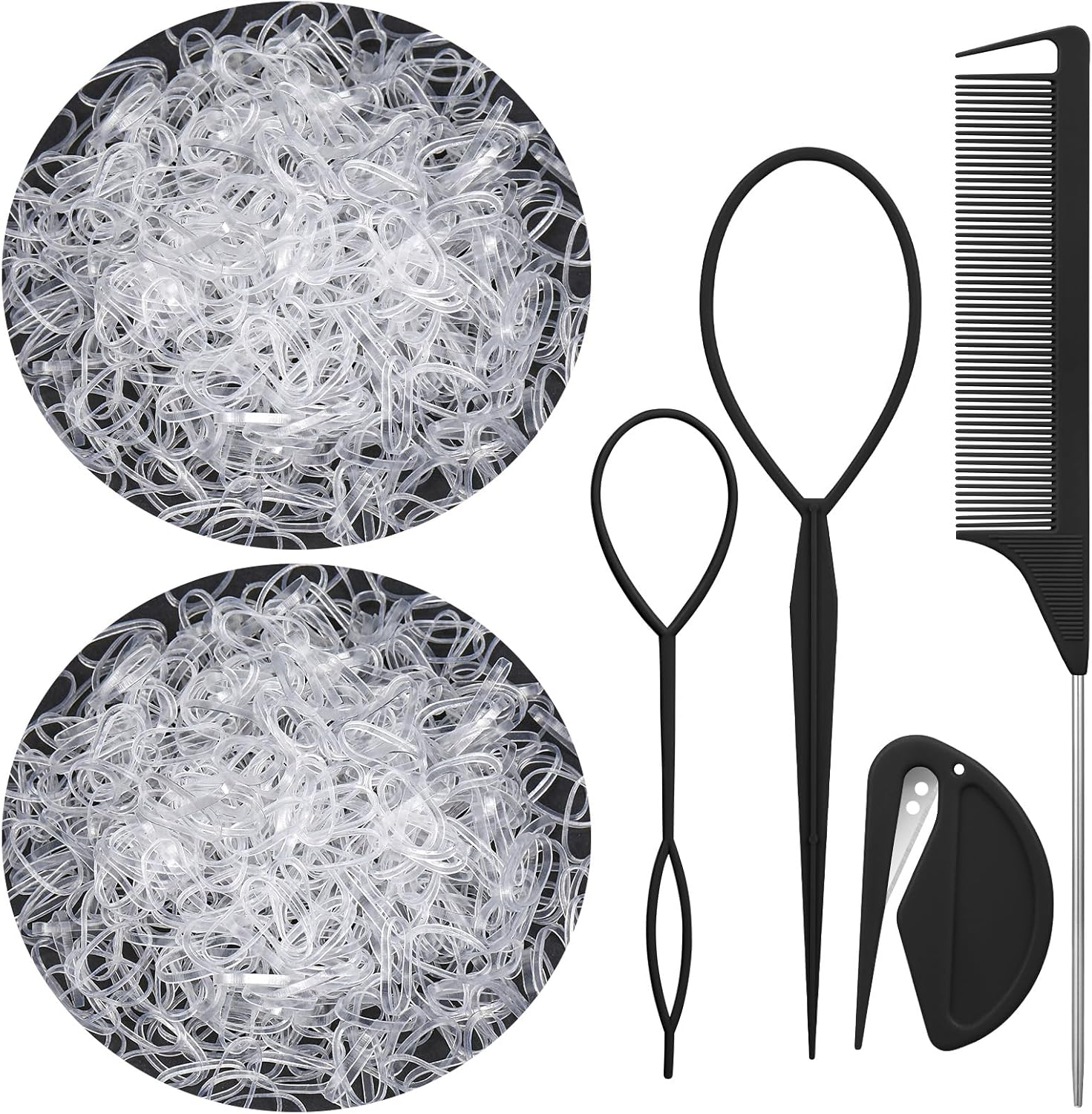 Pack of 2000 Hair Bobbles Small Black Hair Bobbles Mini Elastic Hair Band with Hair Bobbles Cutter Hair Tail Tools, Handle Comb for Girls Lady Doll Hair Styling