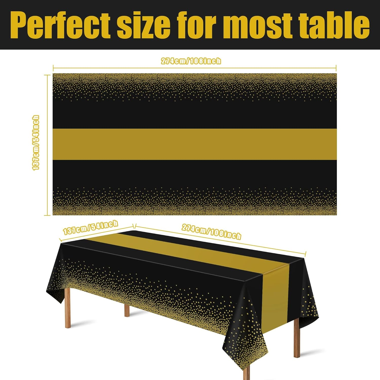 4 Pack 54" X 108" Disposable Plastic Table Cloth,Black and Gold Dot Tablecloths Birthday Wedding Graduation Valentine'S Day Party Supplies Christmas Decorations