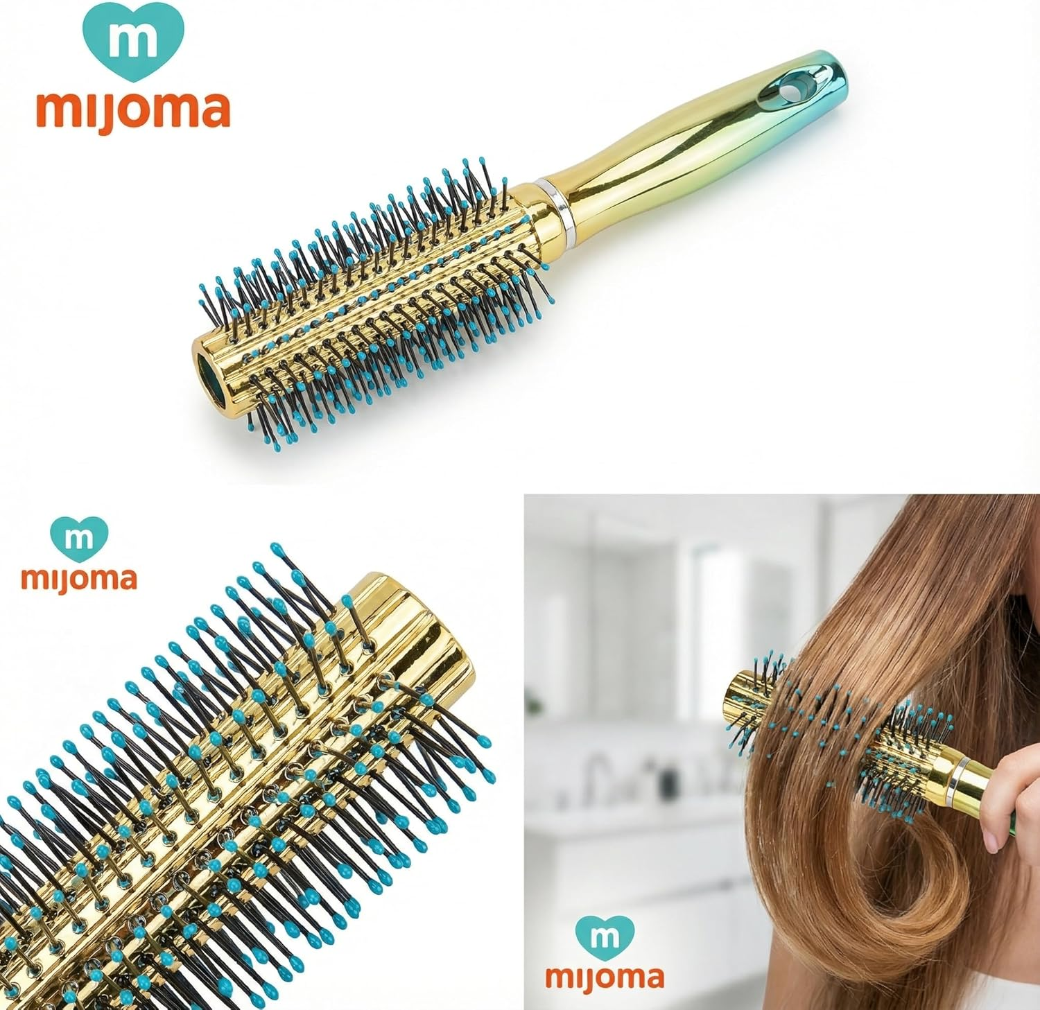 MIJOMA Nylon Bristle Hair Brush - Iridescent Metallic Finish - Ergonomic Handle - Ideal for Daily Styling & Grooming (Round Brush - 23Cm) image number 3