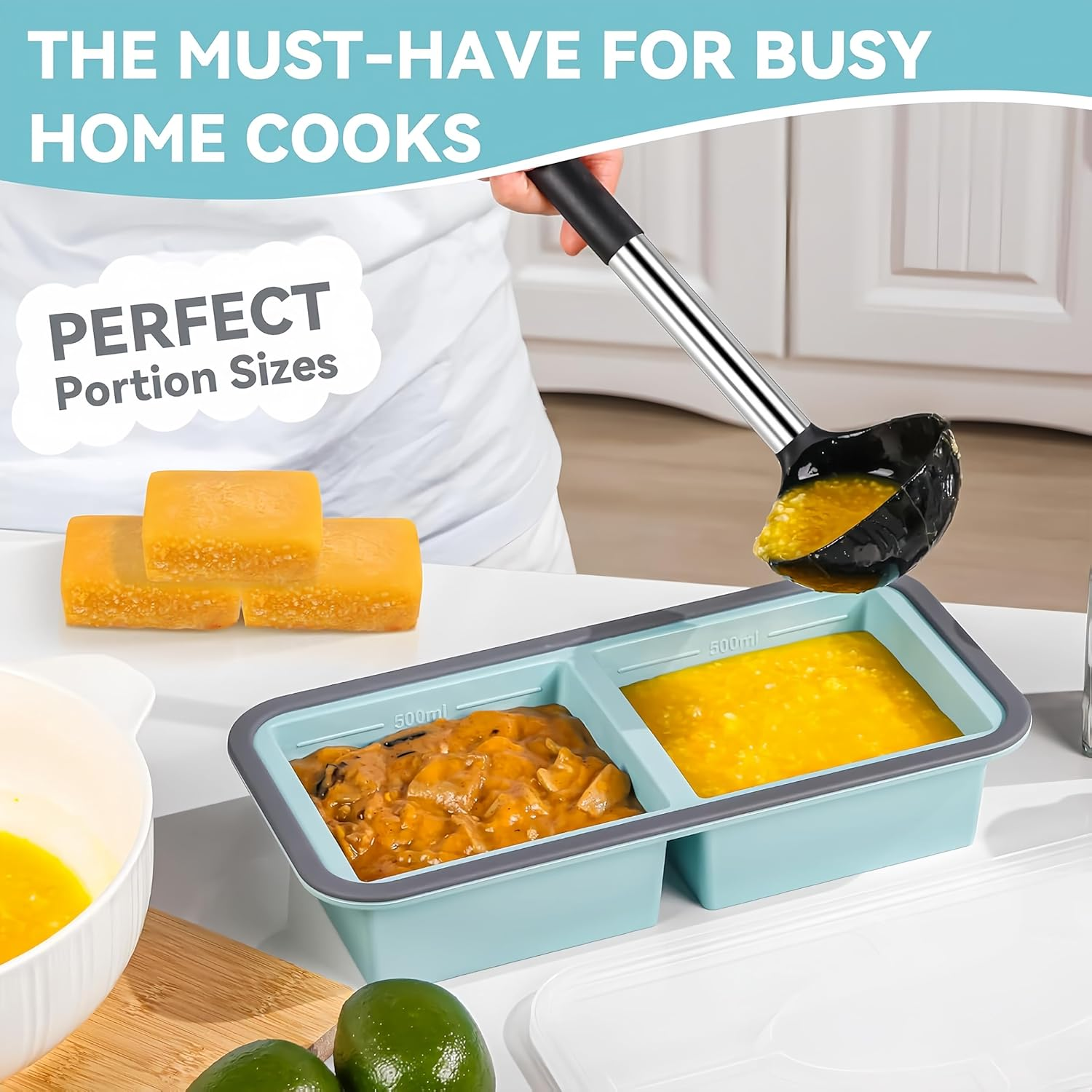 FJNATINH 2Pack Silicone Freezer Tray with Lid, 2 Cup Food-Safe Meal Prep Container for Soup/Lasagna/Casserole, Reusable Leak-Proof Freezer Mold, Oven Safe 415&deg;F (213&deg;C) & Dishwasher Safe image number 3