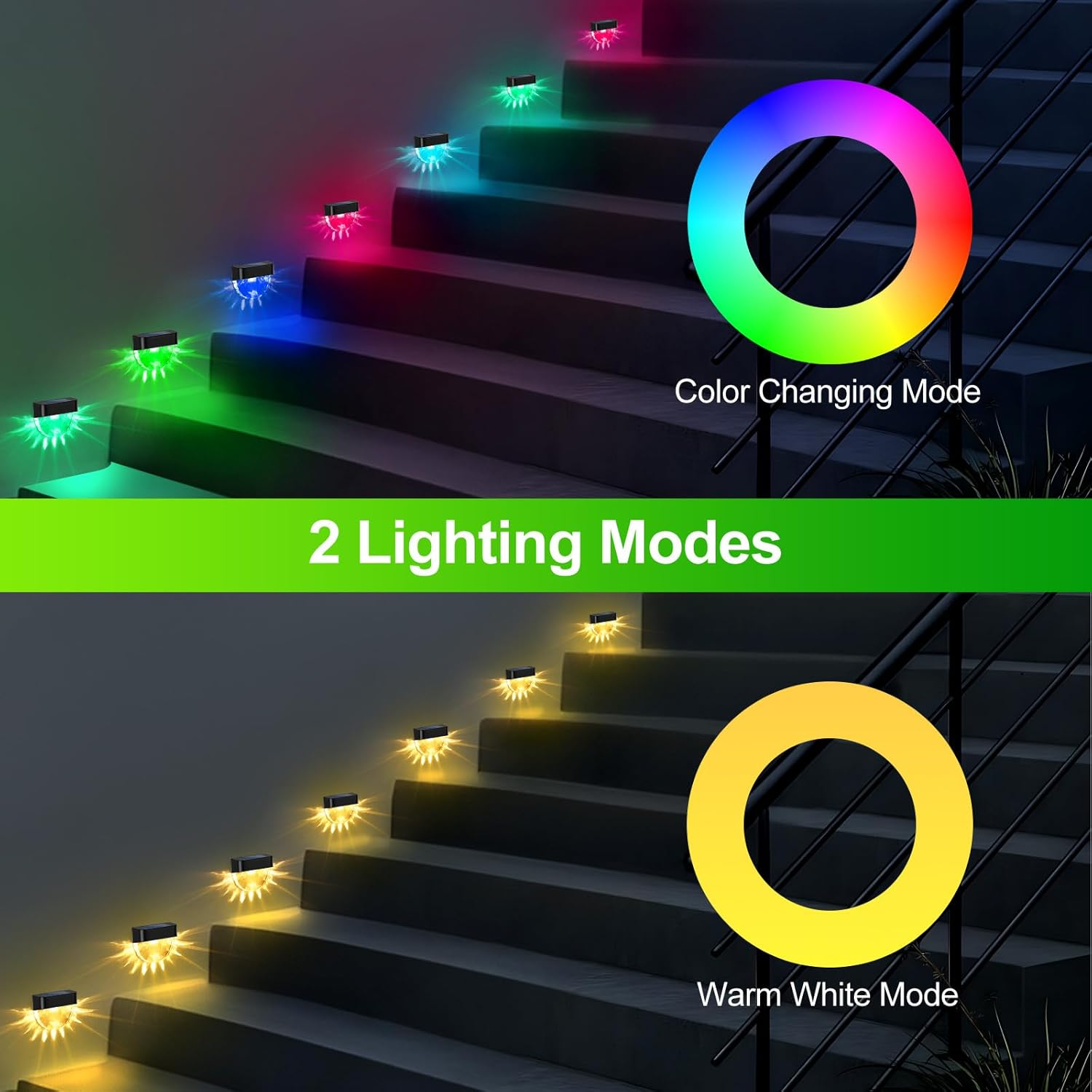 Solar Lights Outdoor, 8 Pack Solar Fence Lights Outdoor Waterproof, 2 Lighting Modes Solar Wall Light for Outdoor Stairs, Step, Fence, Yard, Patio and Pathway, Warm/Multicolor image number 2