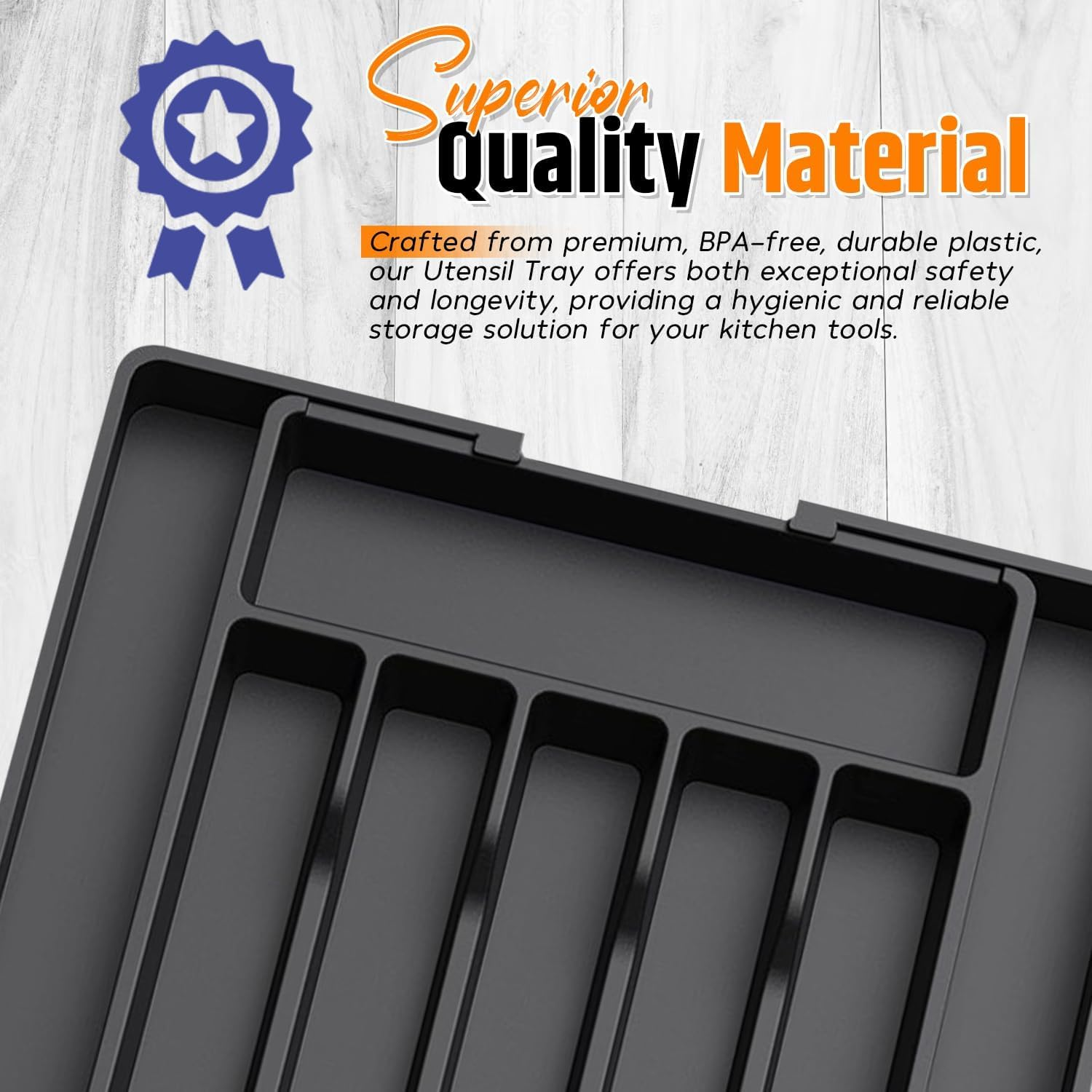 Expandable Kitchen Drawer Organizer &ndash; Large Black Cutlery Tray 33-57Cm &ndash; Adjustable Utensil Holder &ndash; 8 Compartments &ndash; Water-Resistant Plastic Storage for Silverware, Spoons, Forks, Knives & Gadgets image number 6