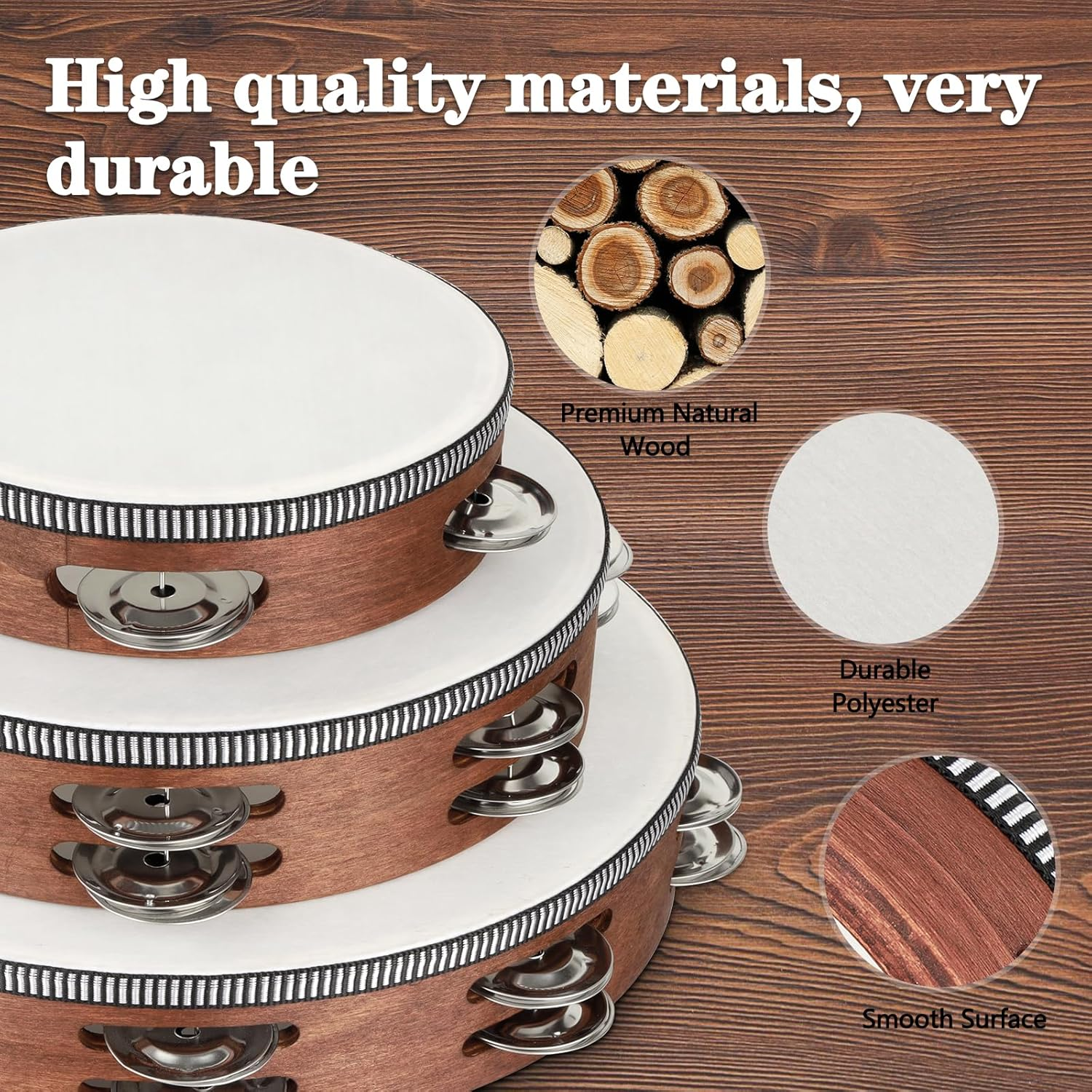 Wooden Hand Held Percussion Tambourine with Storage Bag - 6+8+10 Inches, Ideal for Church, Wedding, Party, Dance, Photo Shoot image number 5