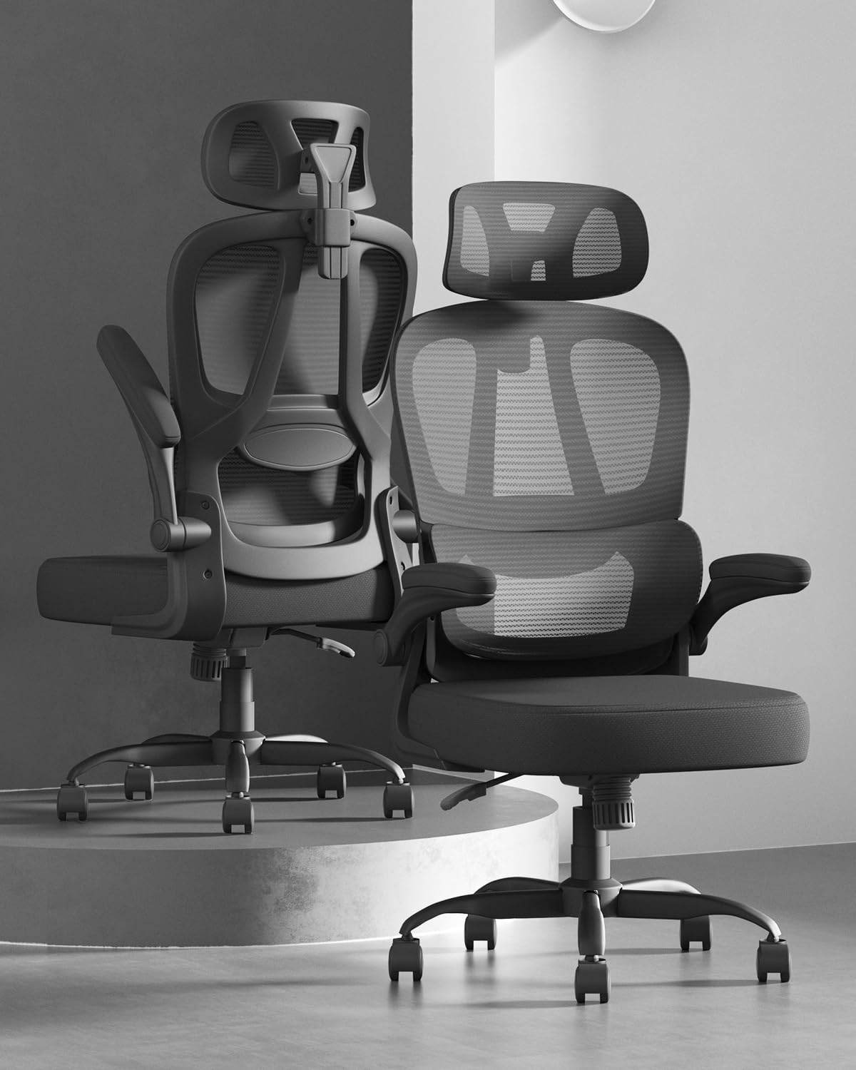 Office Chair, Ergonomic Office Chairs, Flip-Up Desk Chair for Adults, Mesh Computer Chair with Lumbar Support & Adjustable Headrest, High Back Home Office Task Chairs, Comfy, Study, All Black