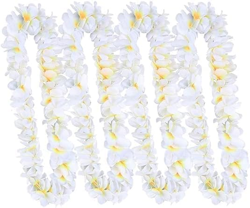 UNITOPS Pack of 6 Hawaiian Leis Necklace Tropical Luau Hawaii Wreaths Silk Flower Lei Thickened Dance Garland Flower Leis for Party Favor Hula Hawaiian Party Supplies (White, 6) image number 2