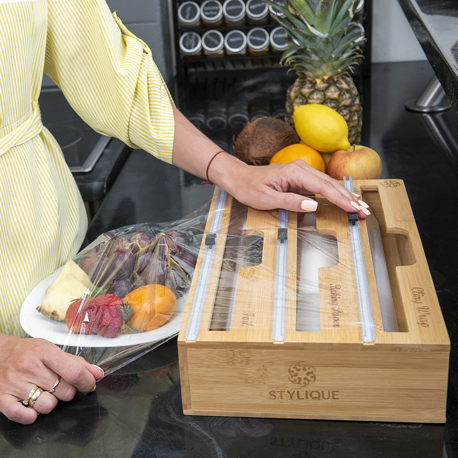 3 in 1 Foil and Cling Wrap Organiser (Aussie Sizes) for Kitchen Storage & Organisation, Cling Wrap Dispenser with Cutter Drawer & Pantry Organiser for Aluminium Foil Baking Paper 33Cm Roll (Natural) image number 3