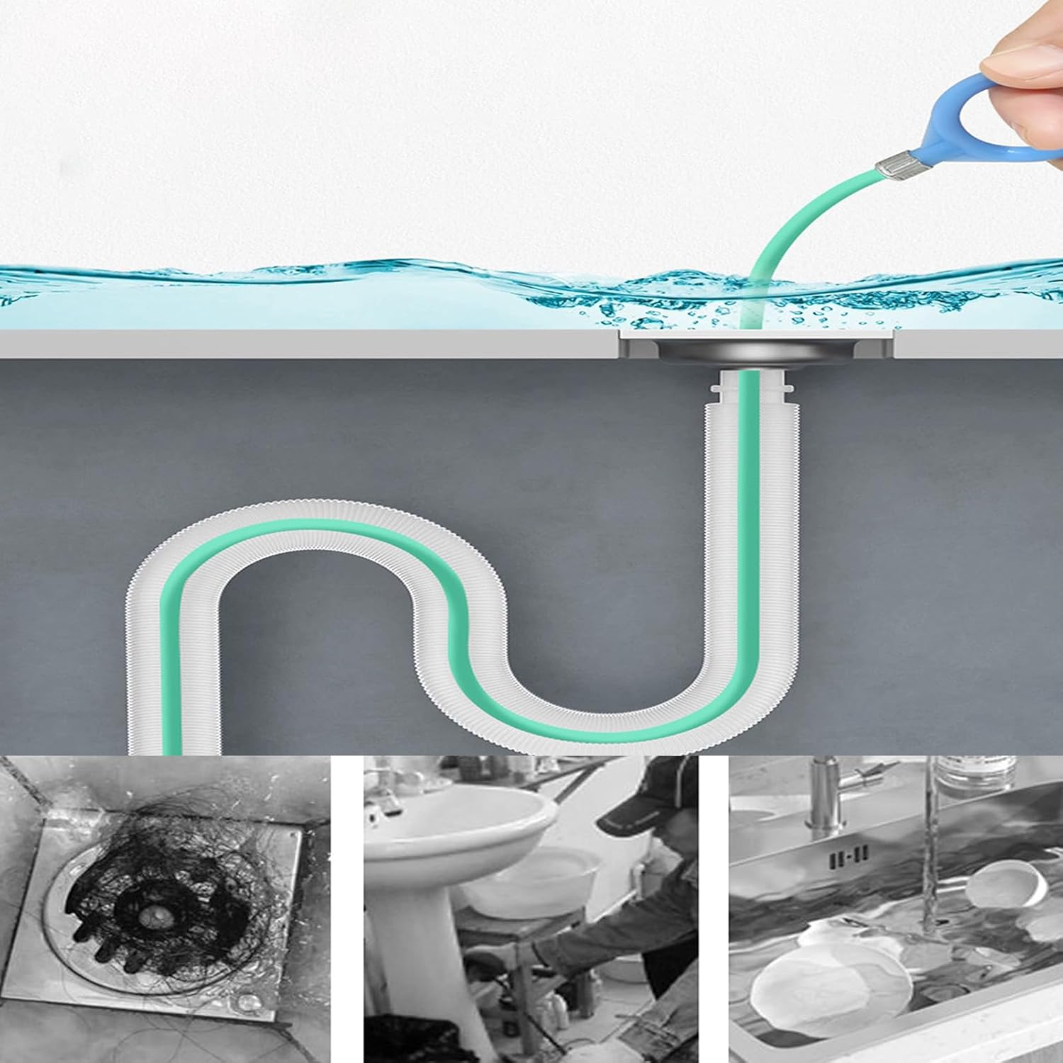 Pack of 6 Drain Cleaner Spiral, 90 Cm Long Spiral Drain Pipe Cleaning, Drain Spiral Stainless Steel Cleaning Hook Sticks, Flexible Pipe Cleaning Brush, Pipe Brush, Hair Catcher for Drain image number 1