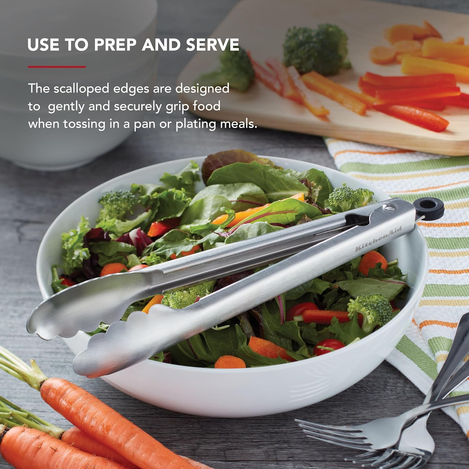 Kitchenaid Set of 2 Stainless Steel Tongs with Scalloped Edges Easy Lock Dishwasher Safe Durable and Versatile 7 Inch and 9 Inch Silver image number 1