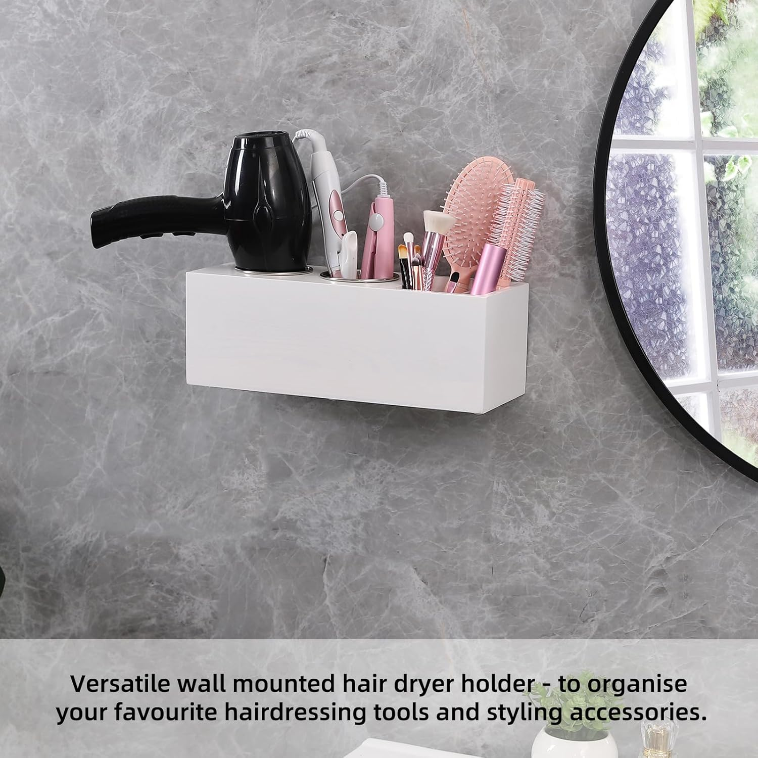 RAIKEDR Hair Dryer Countertop Holder, Hair Tool Organizer Wall Mount, Blow Dryer Holder Cabinet Door Organizer, Bathroom Countertop Blow Dryer Holder and Curling Iron Holder (Cedar Wood, White) - White image number 2