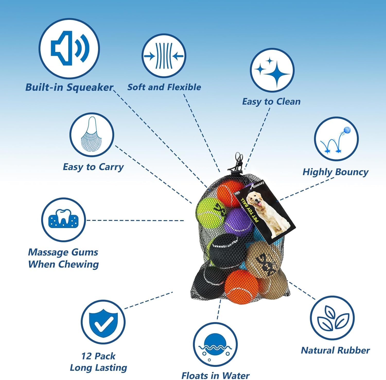 Insum Squeak Tennis Ball for Dog Pack of 12 Colorful Easy Catching Pet Dog Ball image number 3