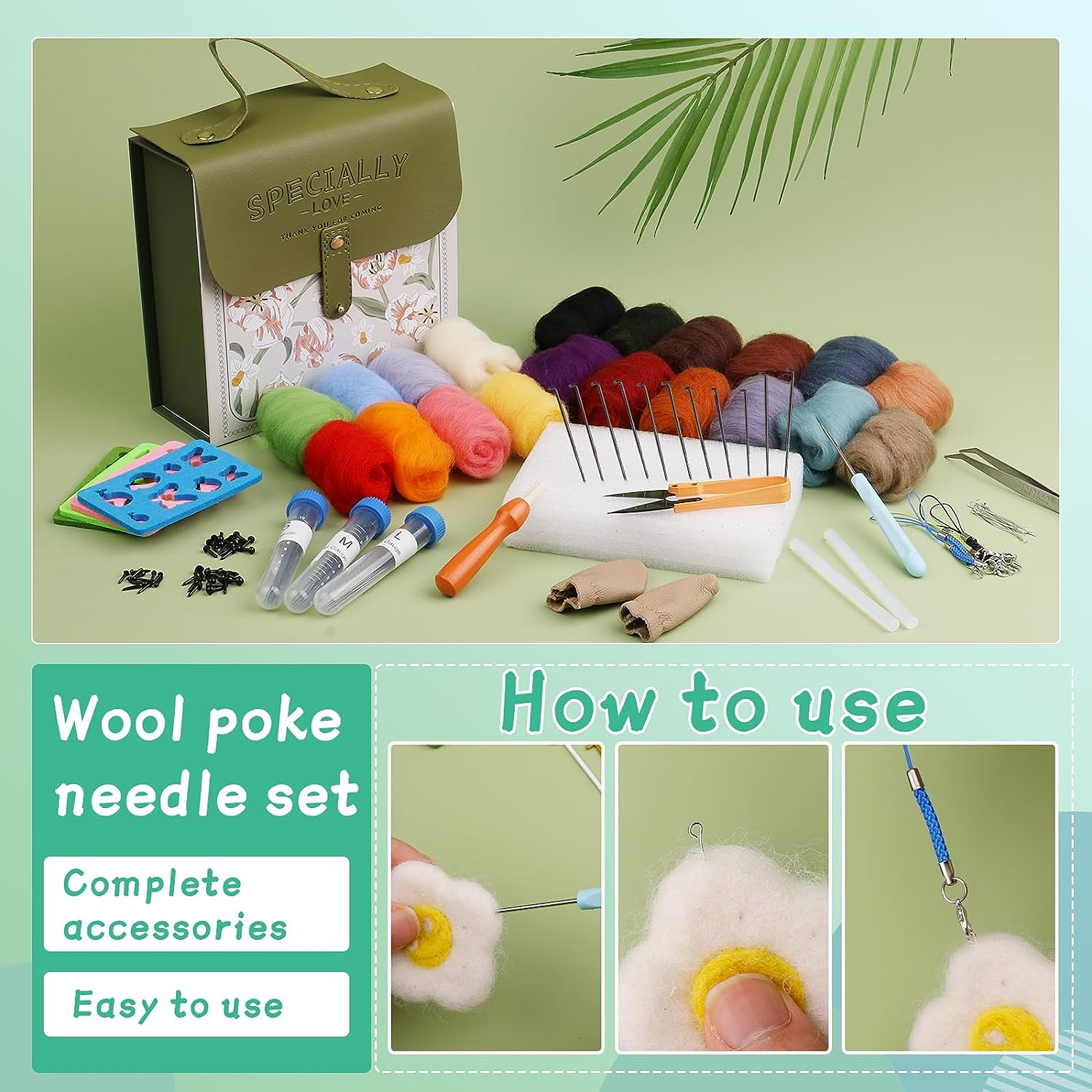 Mayboos Needle Felting Kit, Wool Roving 20 Colors Set, Wool Felting Kit Felt Molds with Portable Storage Box for DIY Craft Home Decoration Gift (Green Bag) image number 4